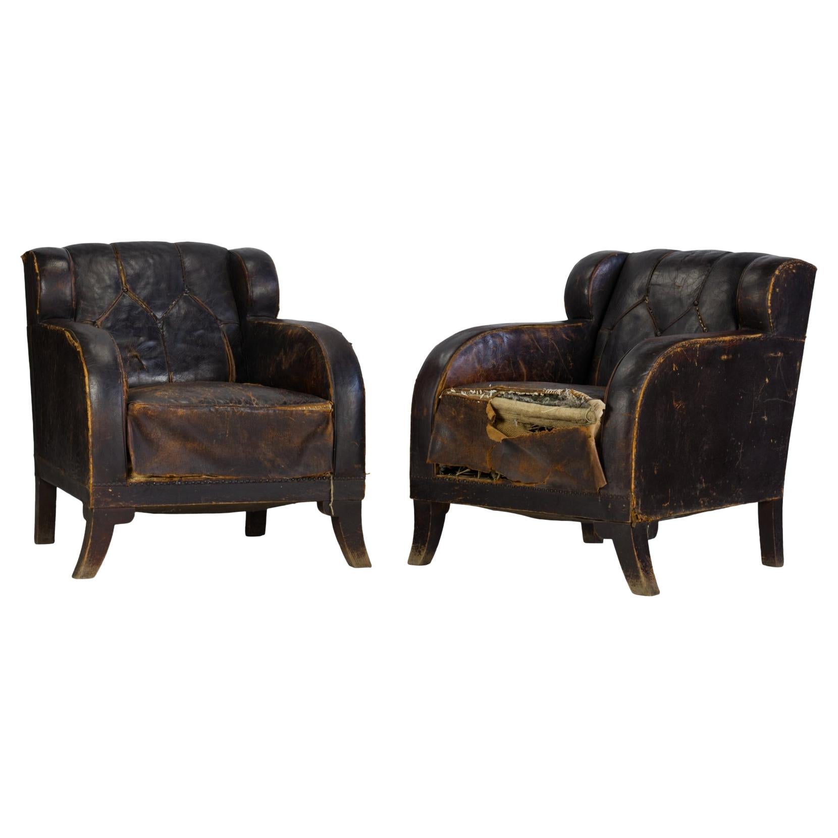 Pair of Art Nouveau Leather Club Chairs, circa 1920