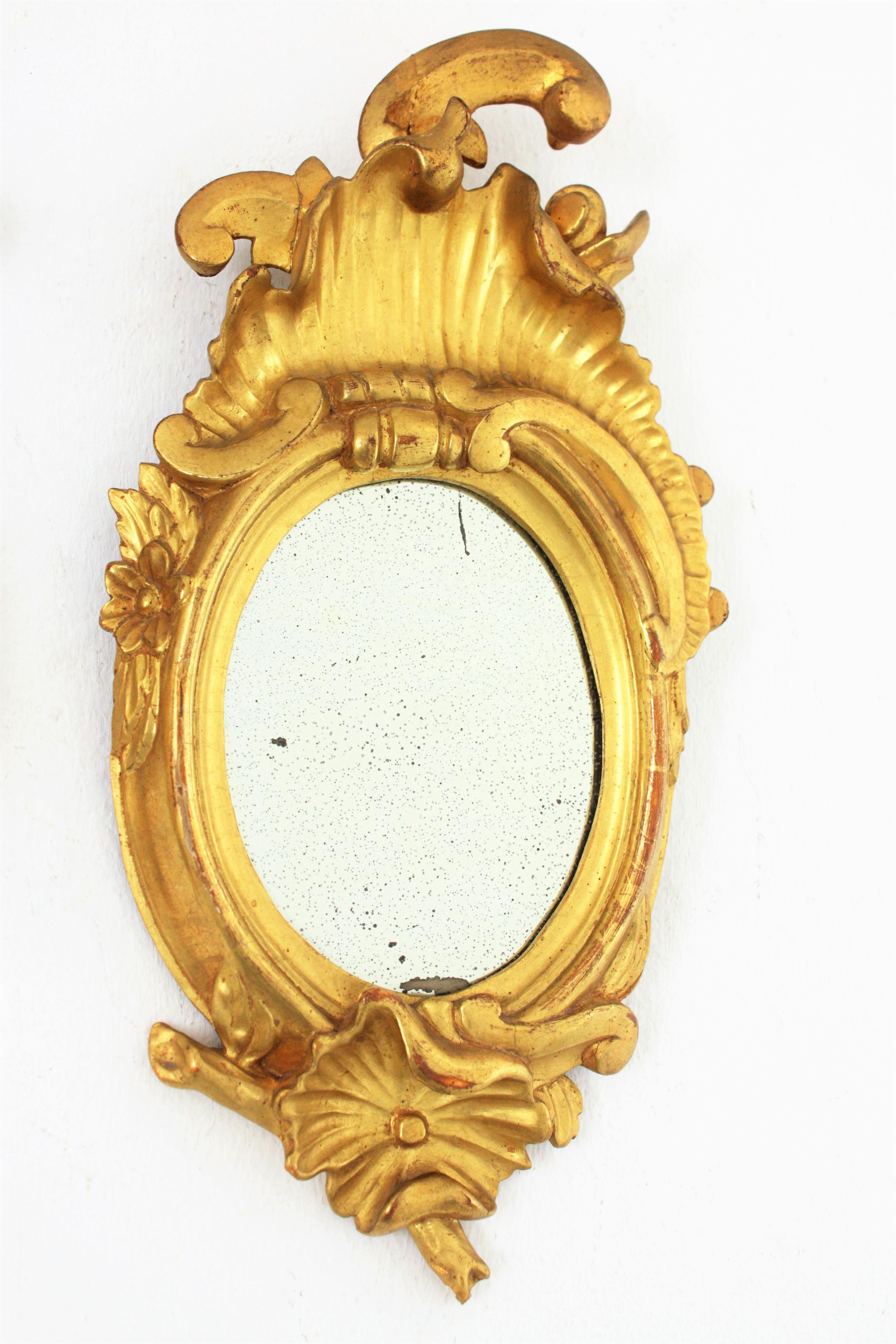 Gesso Pair of Art Nouveau Miniature Mirrors in Gold Leaf Giltwood For Sale