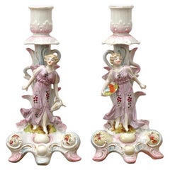 Pair of Art Nouveau Lilac and Pink Porcelain Ladies Candlesticks