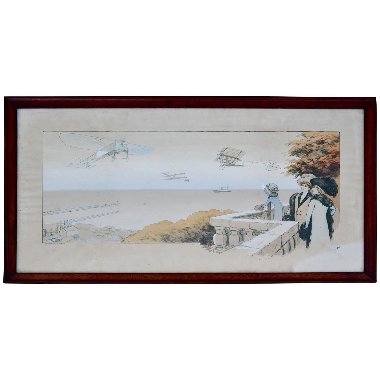 Pair of Art Nouveau lithographs with airplanes, boats and spectators by Marguerite Montaut.
France, 1883-1936.
Signed Gamy, Mabileau & Co. Paris. 
Stone lithographs with gouache hand colored details. 
Original glass and frame. 
One of the