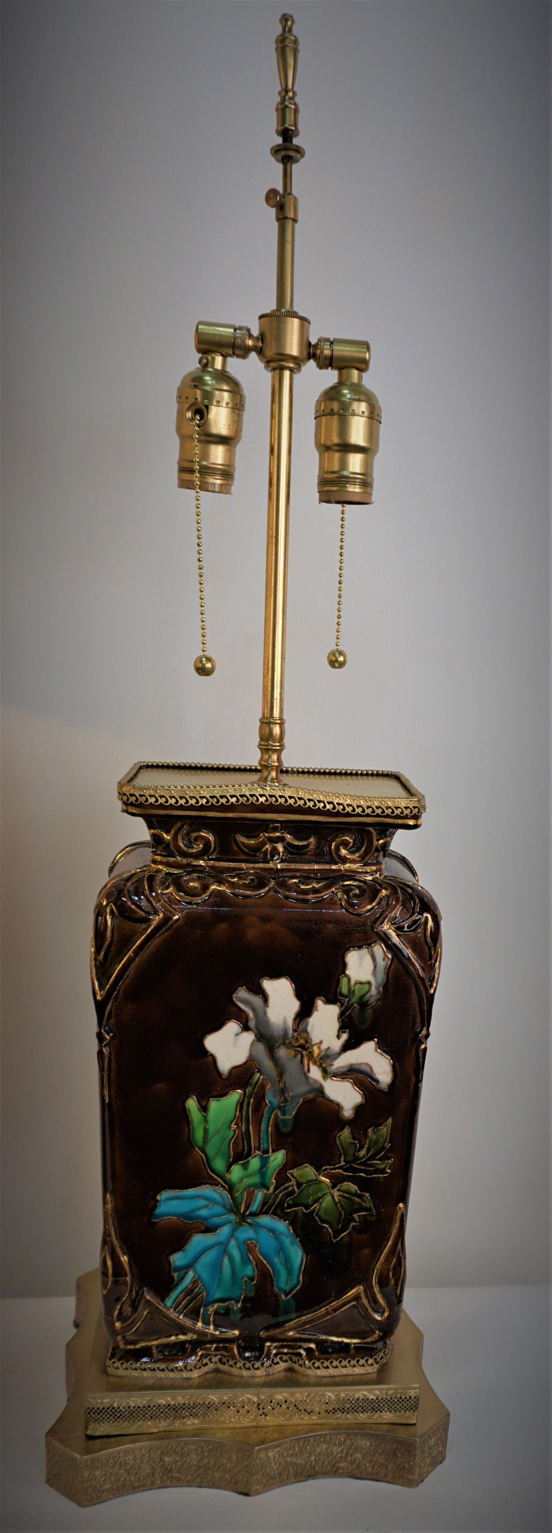 Pair of Art Nouveau Majolica Ceramic Lamps For Sale 2