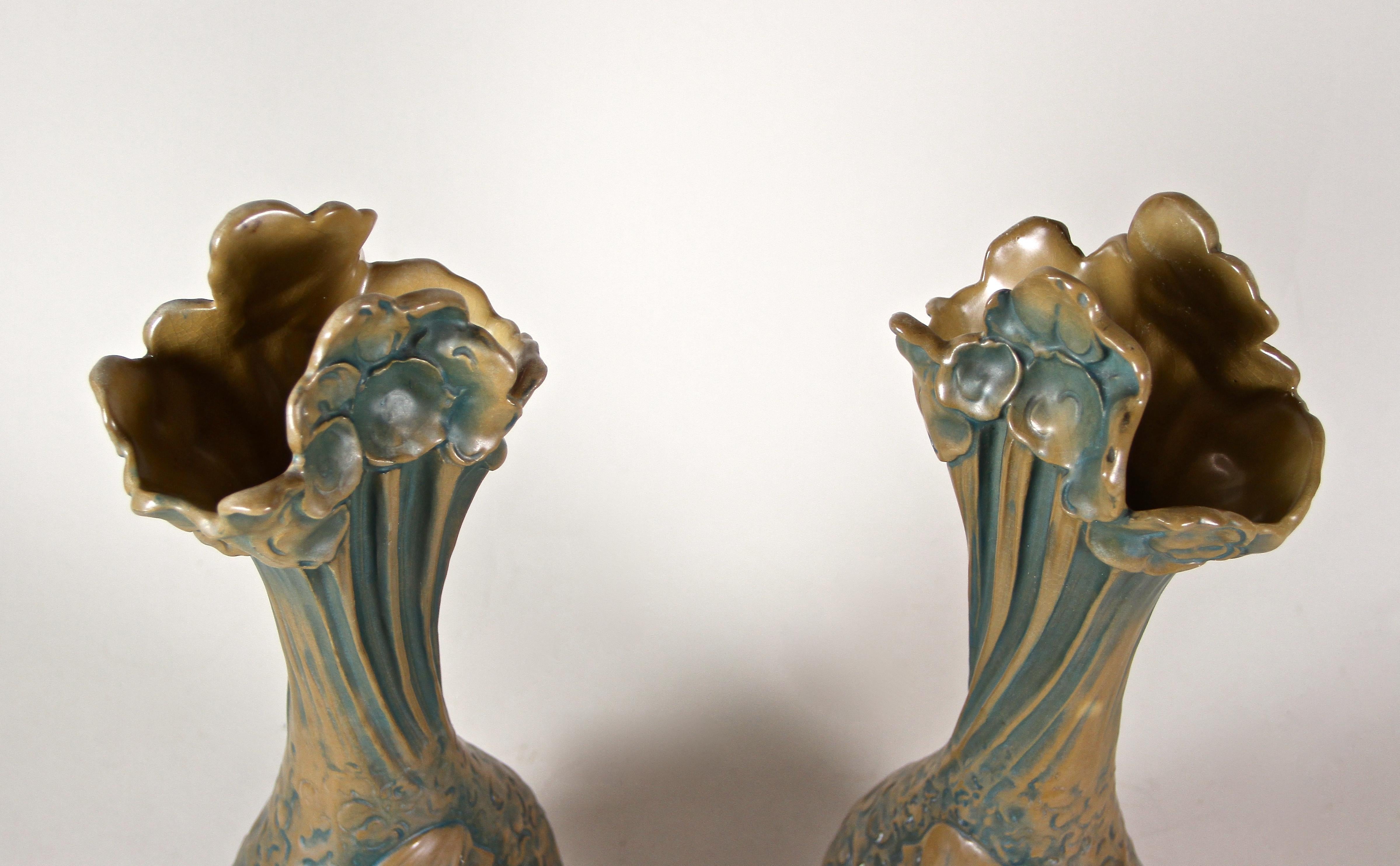 Pair of Art Nouveau Majolica Vases by B. Bloch Eichwald, Bohemia, circa 1900 3