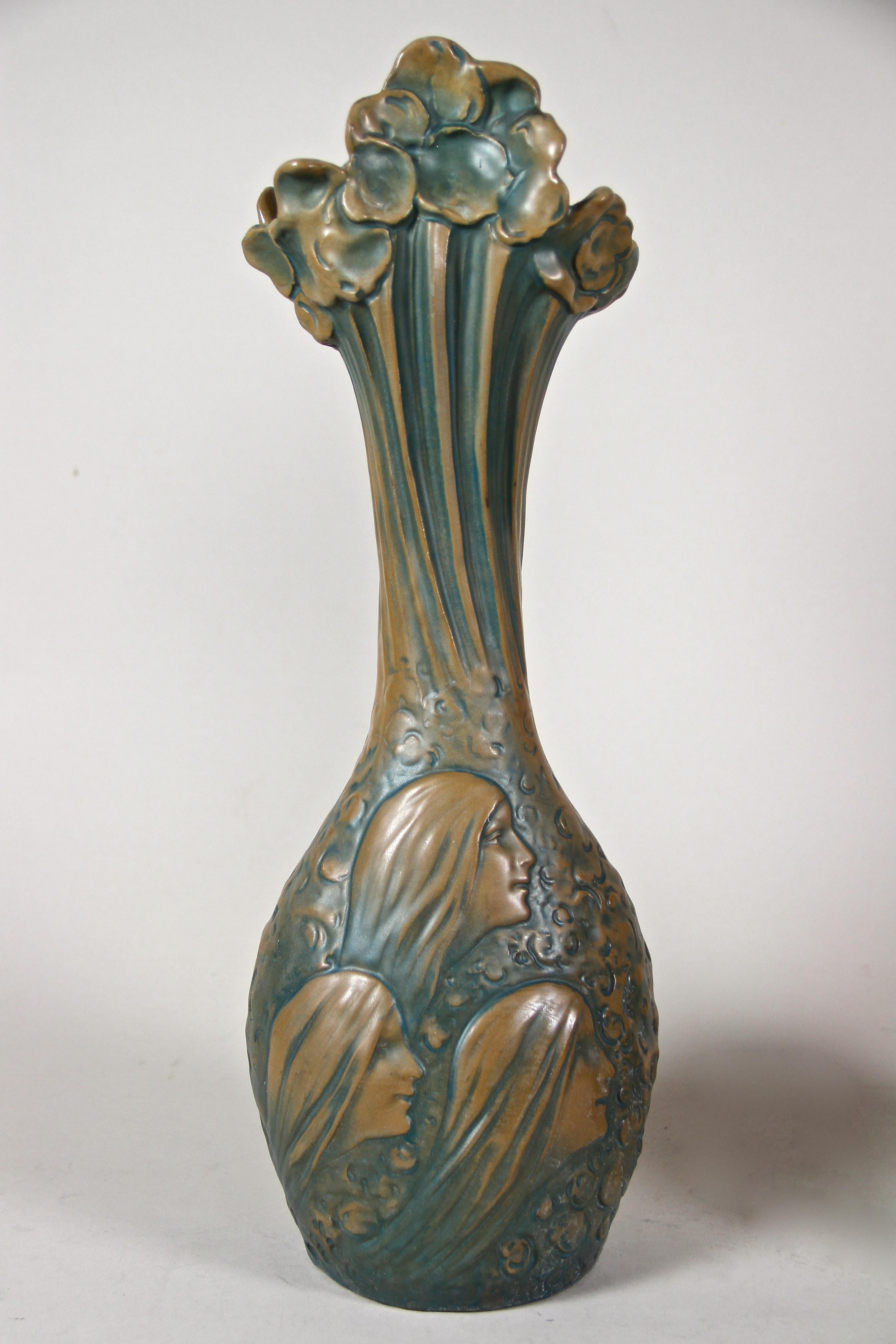 Very rare pair of early Art Nouveau Majolica Vases made by the renowed majolica manufactory of Bernhard Bloch/ Eichwald at the beginning of the 20th century in Bohemia. Real beautiful pieces of majolica art with amazing organic lines and dreamlike