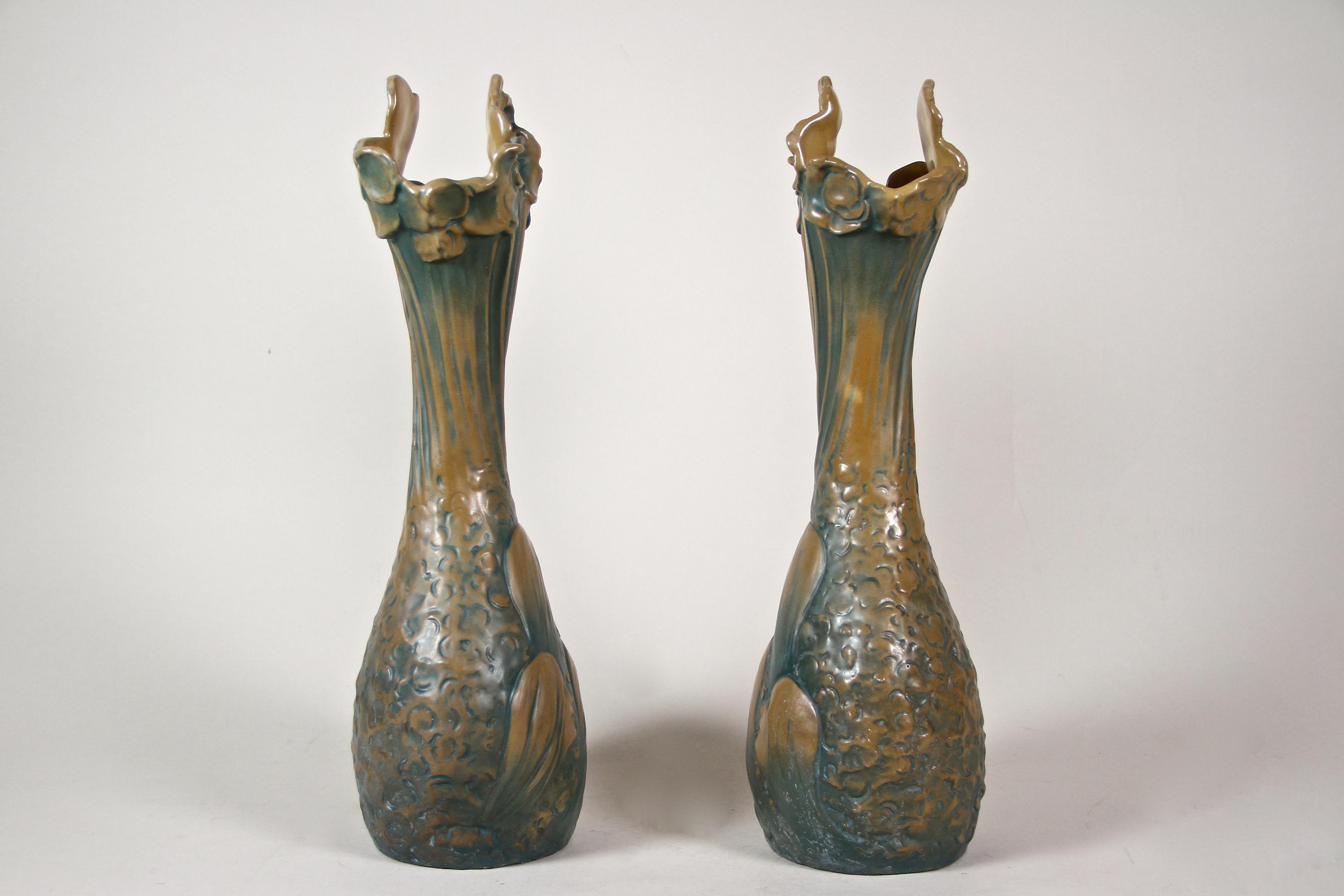 20th Century Pair of Art Nouveau Majolica Vases by B. Bloch Eichwald, Bohemia, circa 1900