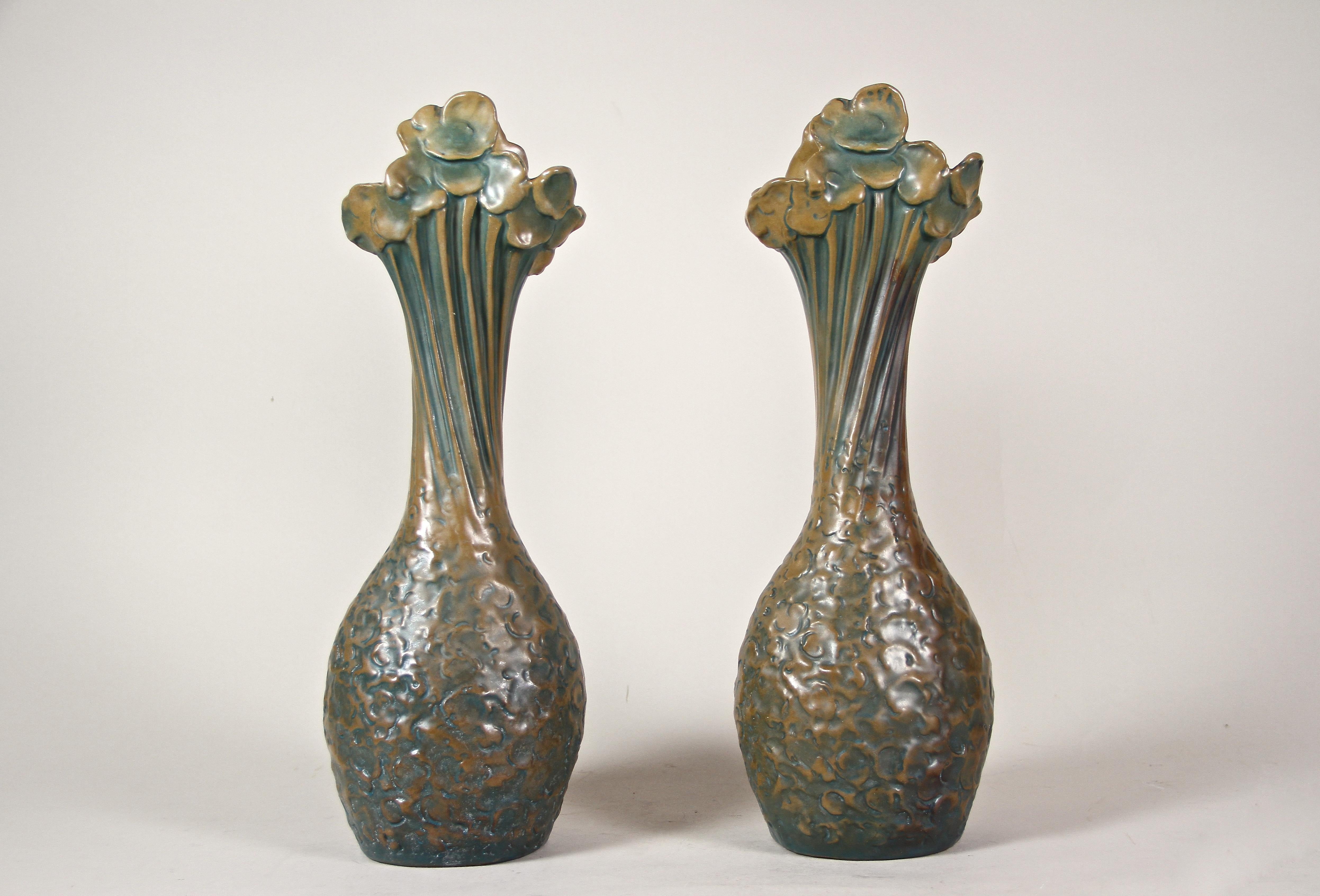 Pair of Art Nouveau Majolica Vases by B. Bloch Eichwald, Bohemia, circa 1900 1
