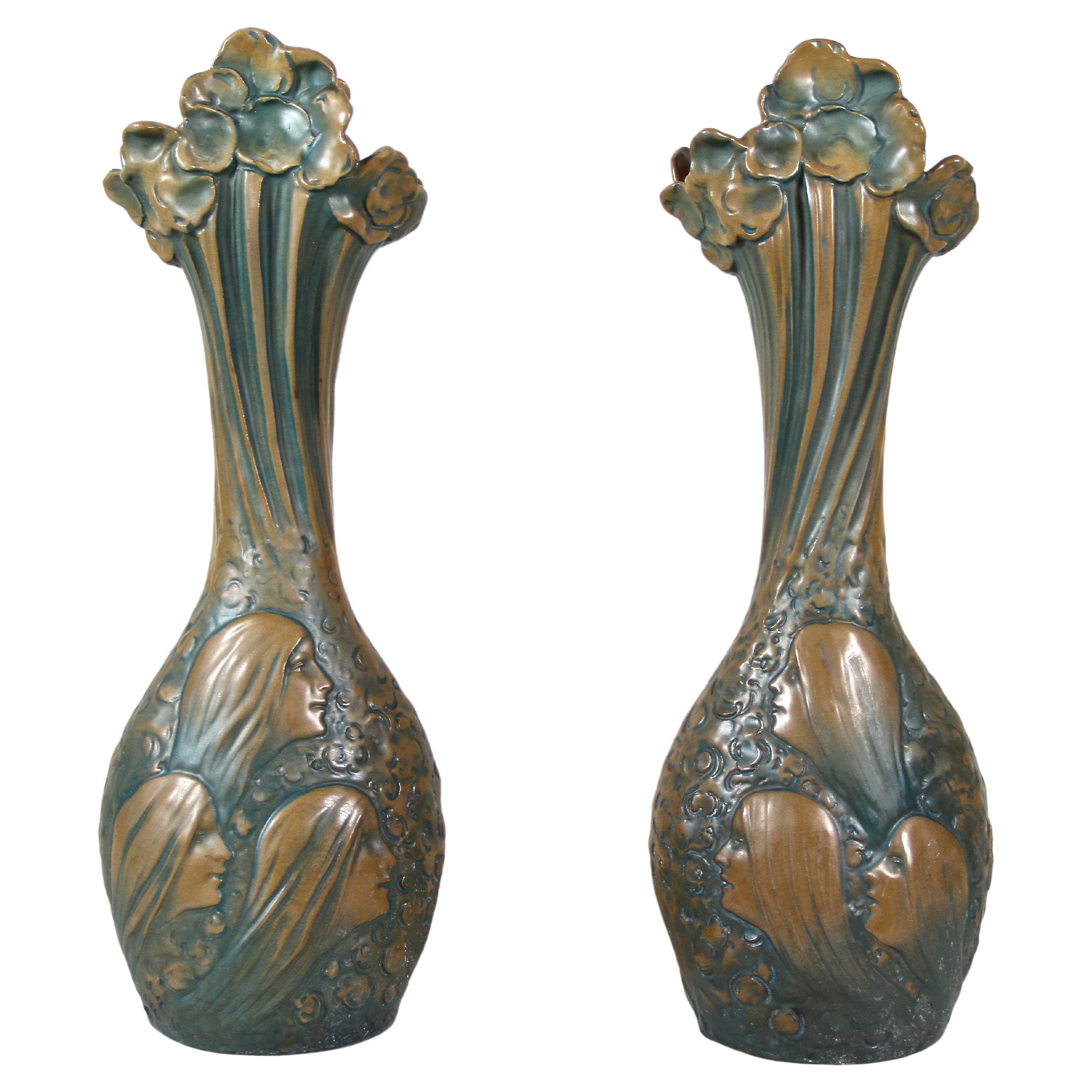 Pair of Art Nouveau Majolica Vases by B. Bloch Eichwald, Bohemia, circa 1900