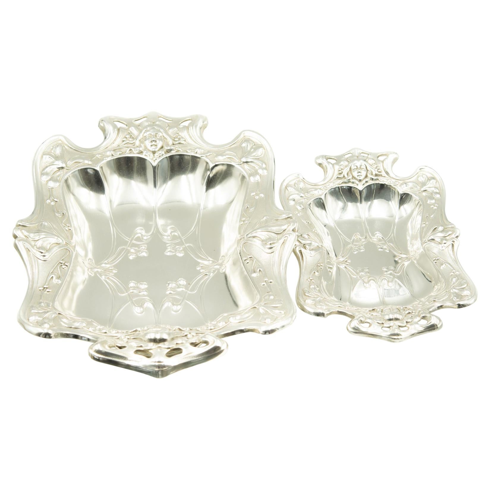 Pair of Art Nouveau Matched Silver Plate Serving Dishes Bowls with Women's Faces