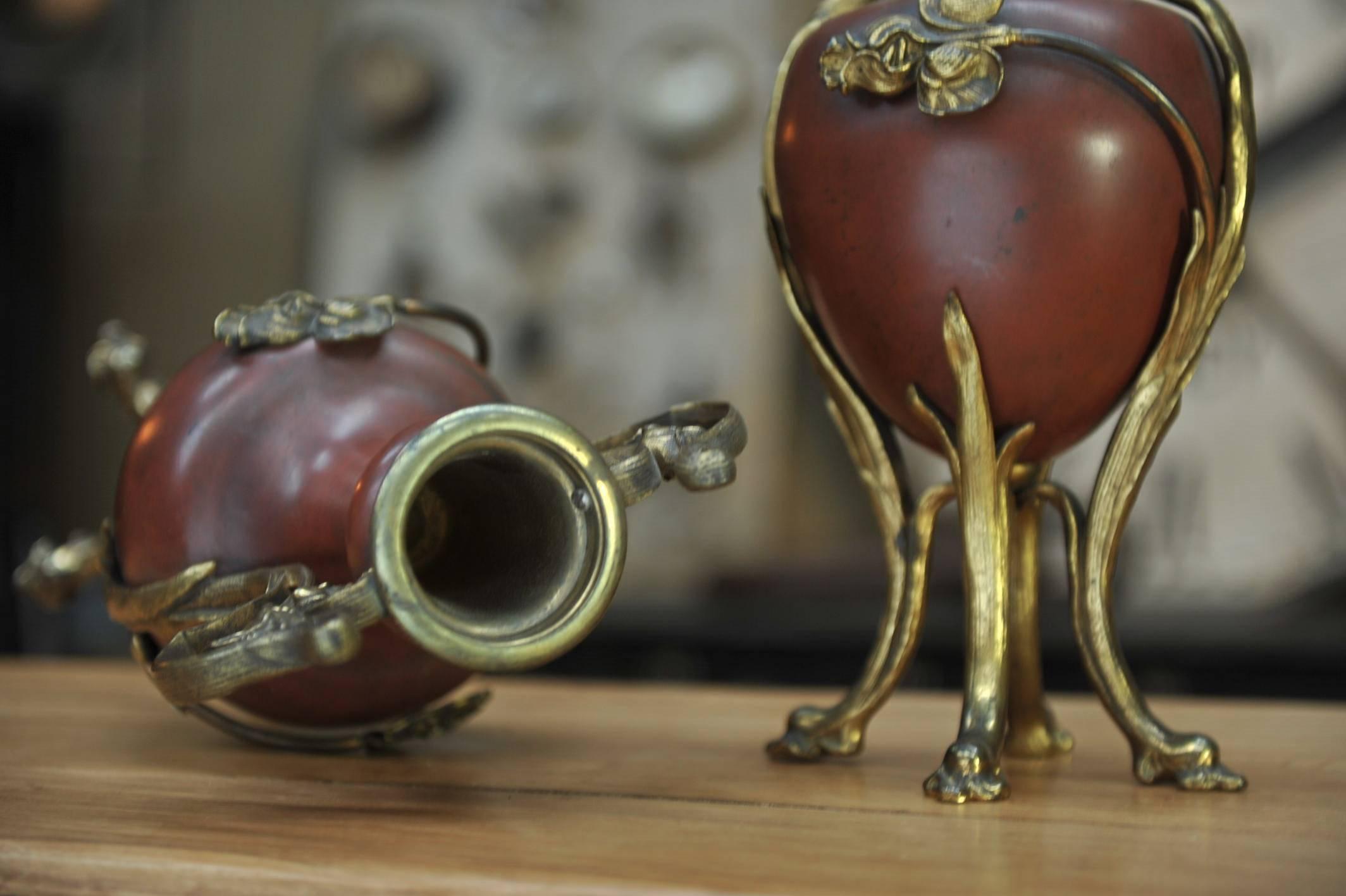 Pair of Art Nouveau Metal and Brass Urns, circa 1900 1