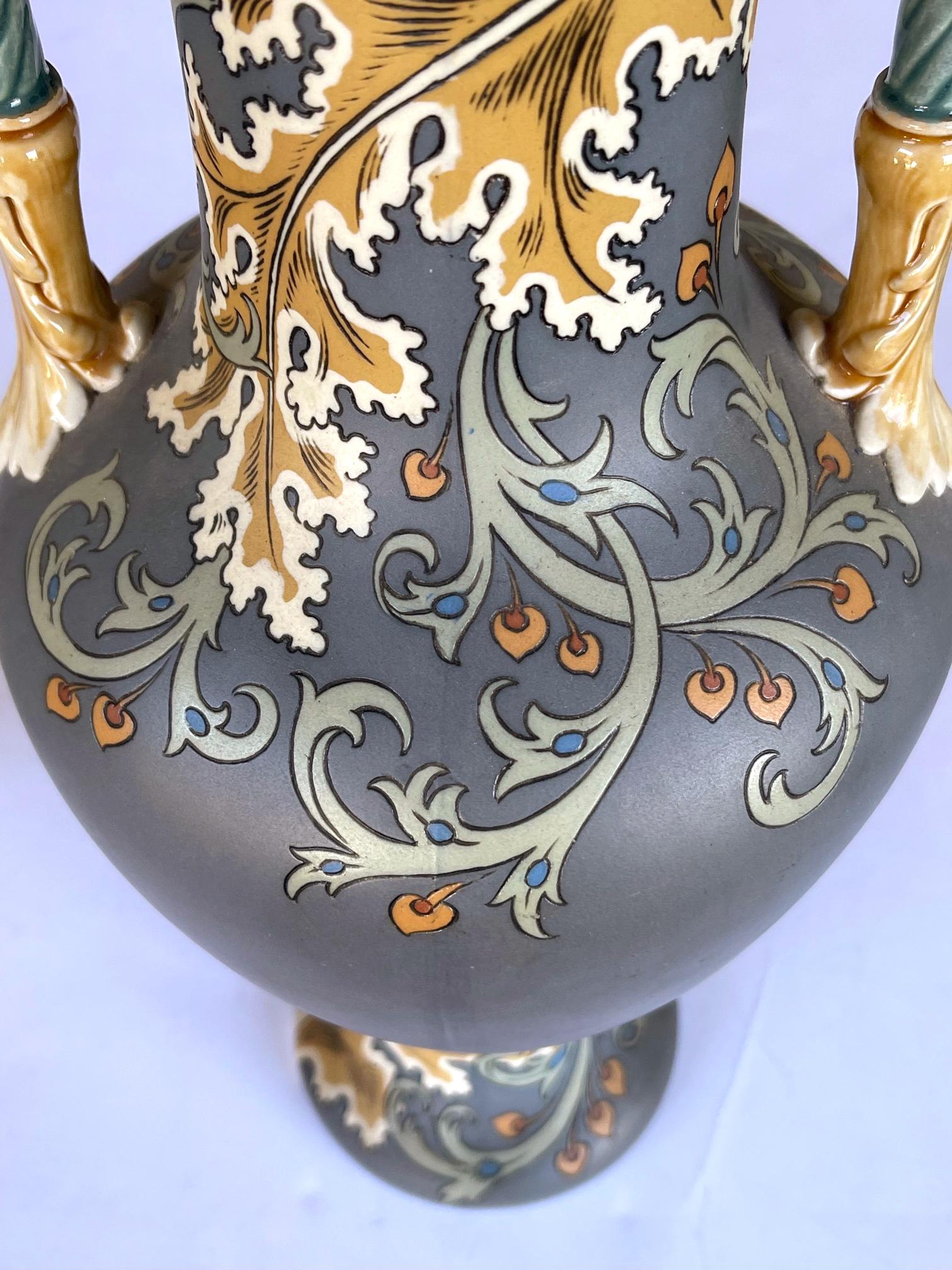 German Pair of art nouveau Mettlach pottery vases with incised markings to underside For Sale