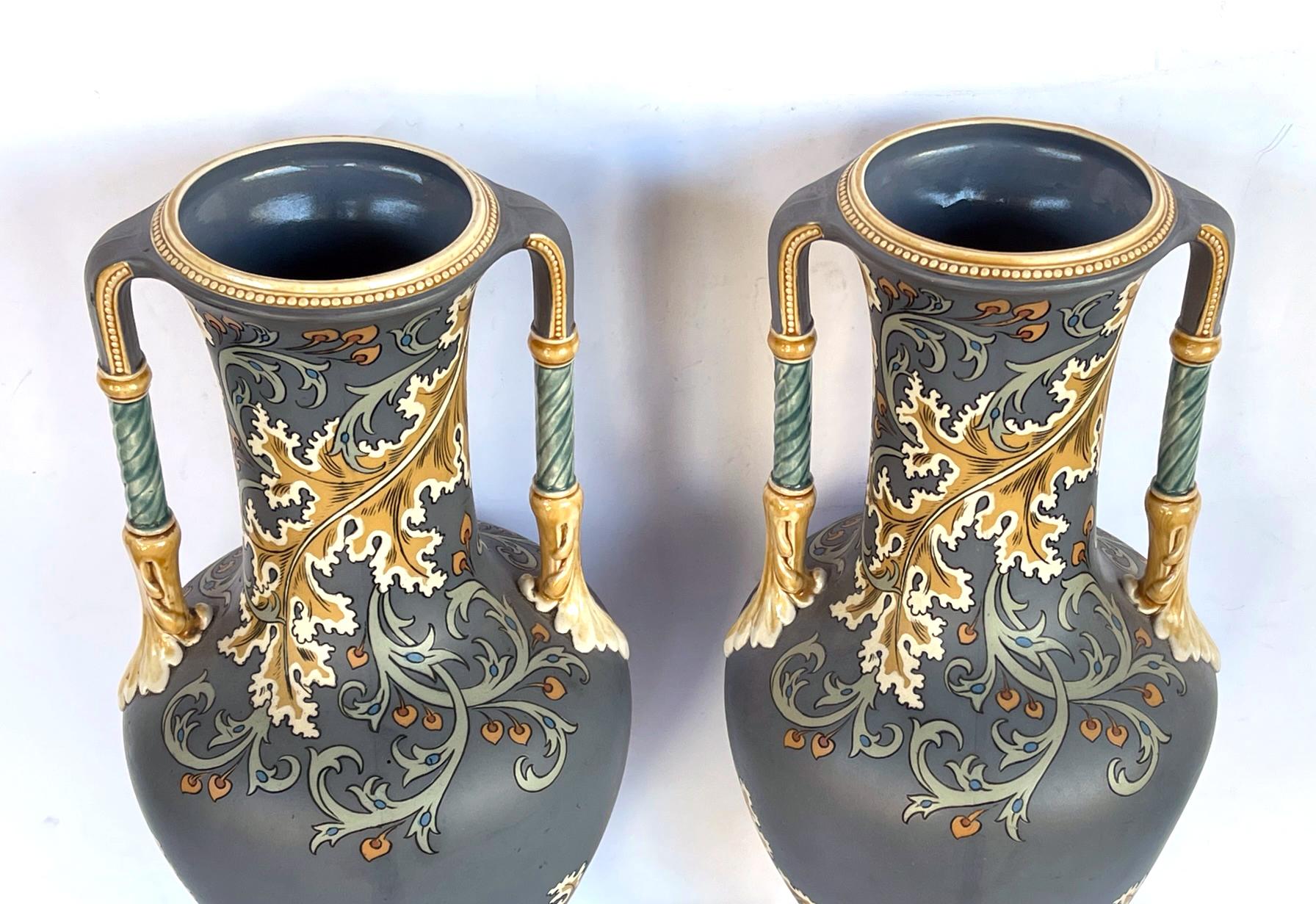 Ceramic Pair of art nouveau Mettlach pottery vases with incised markings to underside For Sale