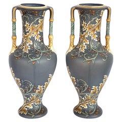 Antique Pair of art nouveau Mettlach pottery vases with incised markings to underside