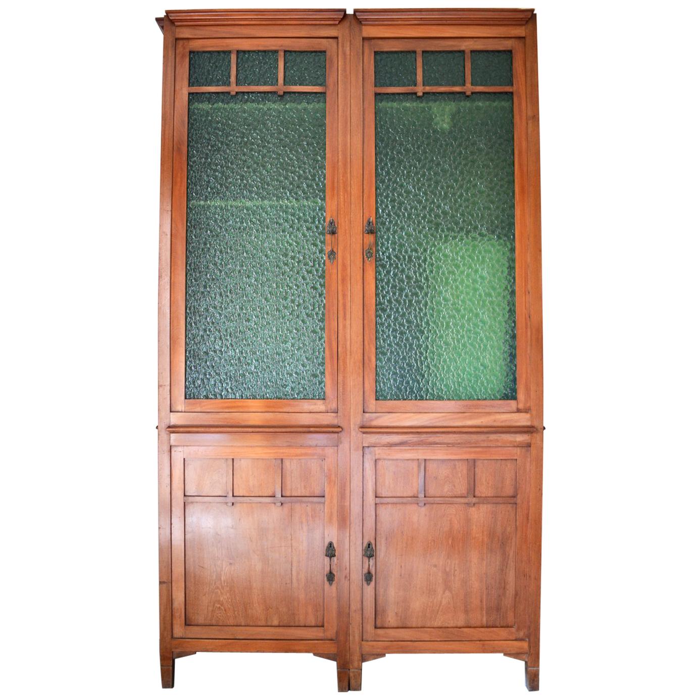 Pair of Art Nouveau Modular Bookcases, Cherry Wood and Stained Glass, 1910s