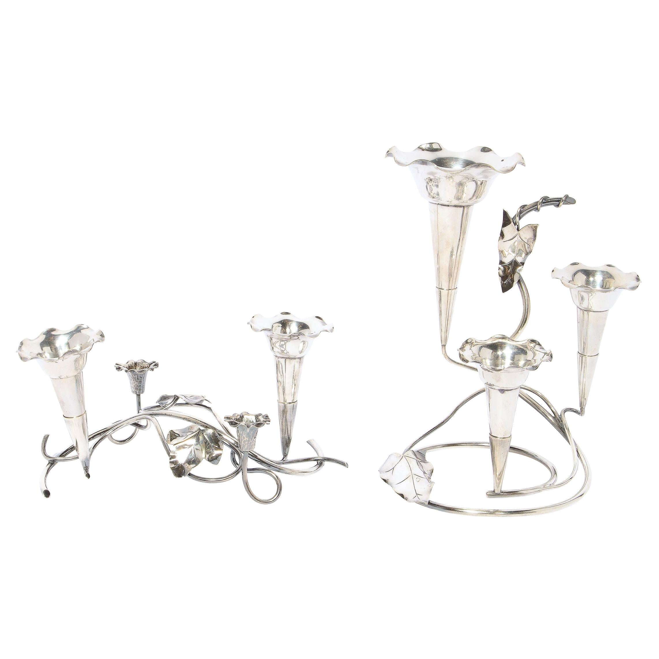 Pair of Art Nouveau Morning Glory Silver Plated Candelabras For Sale