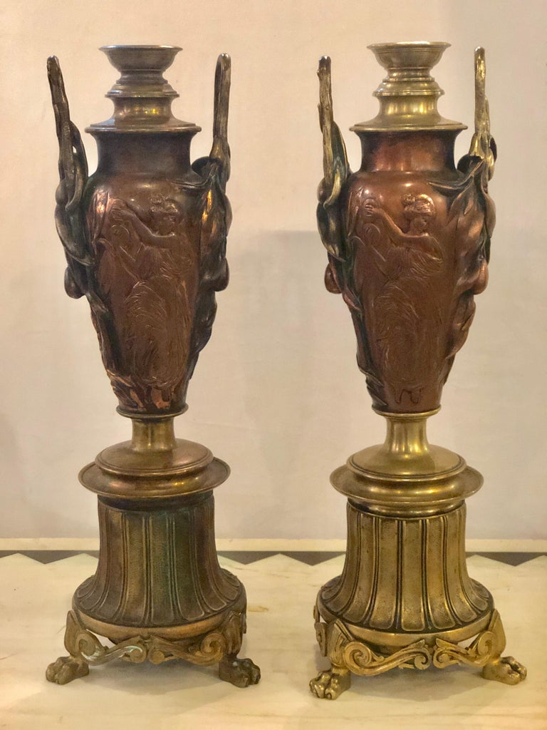 Pair of Art Nouveau Neoclassical Bronze and Metal Figural Twin Handle