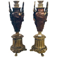 Pair of Art Nouveau Neoclassical Bronze and Metal Figural Twin Handle Vases