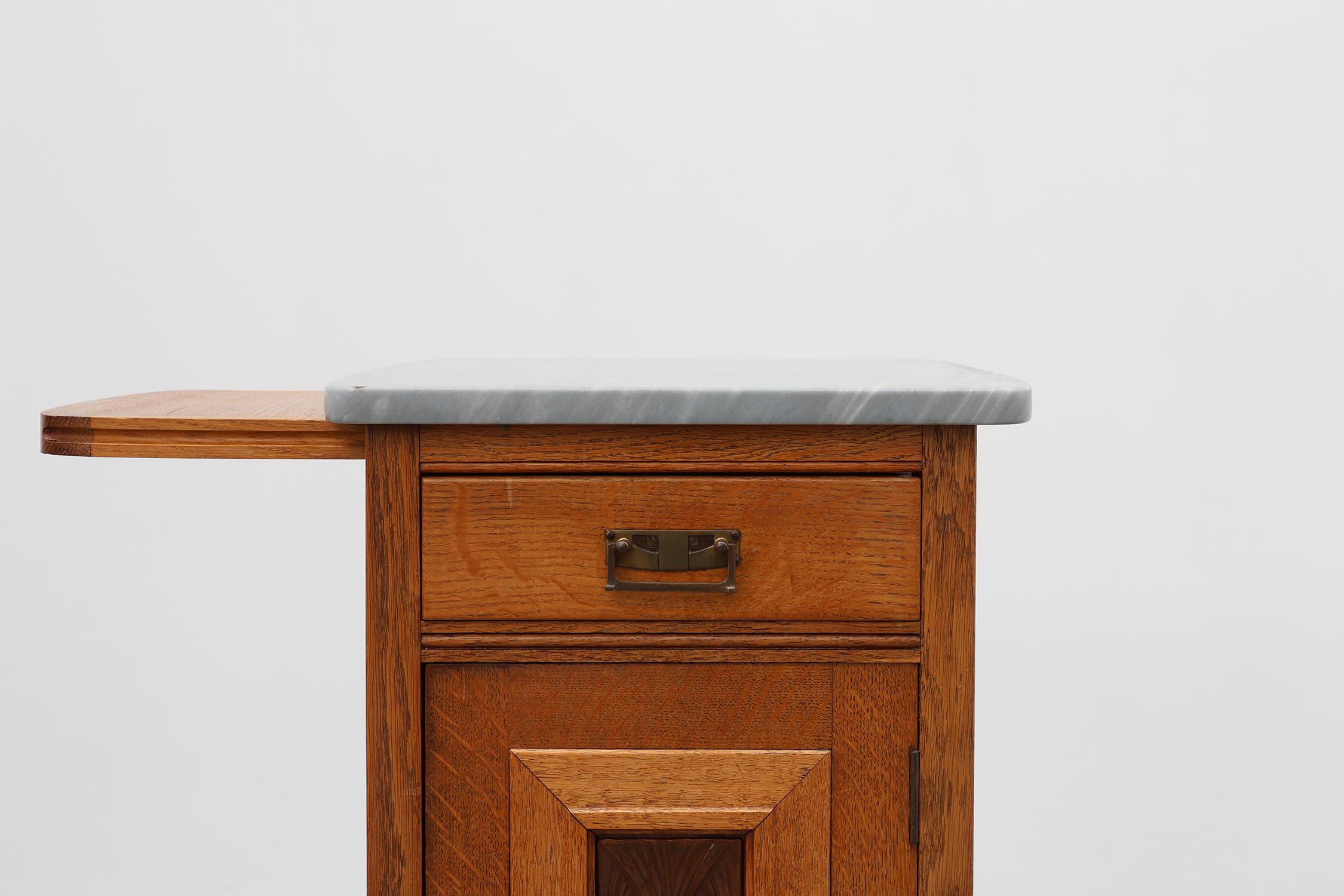 Hand-Carved Pair of Art Nouveau nightstands attr. to De Coene with artwork by Geo Verbanck For Sale
