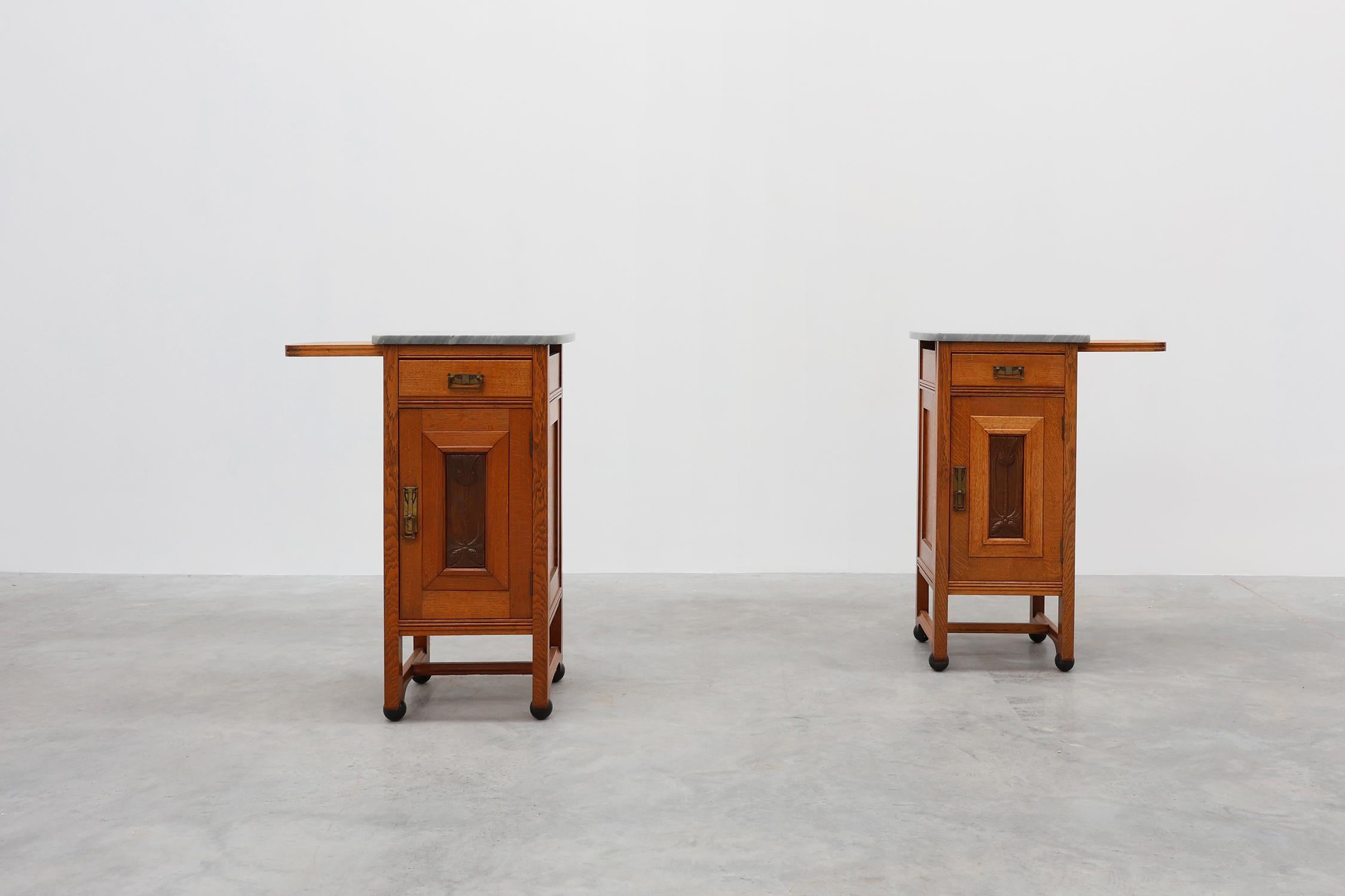 Copper Pair of Art Nouveau nightstands attr. to De Coene with artwork by Geo Verbanck For Sale