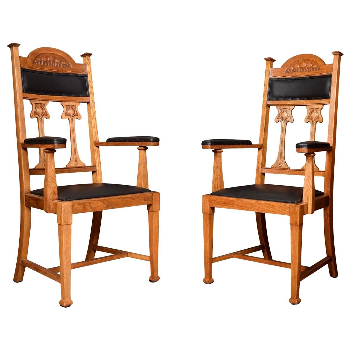 Pair of Art Nouveau Oak High Back Armchairs