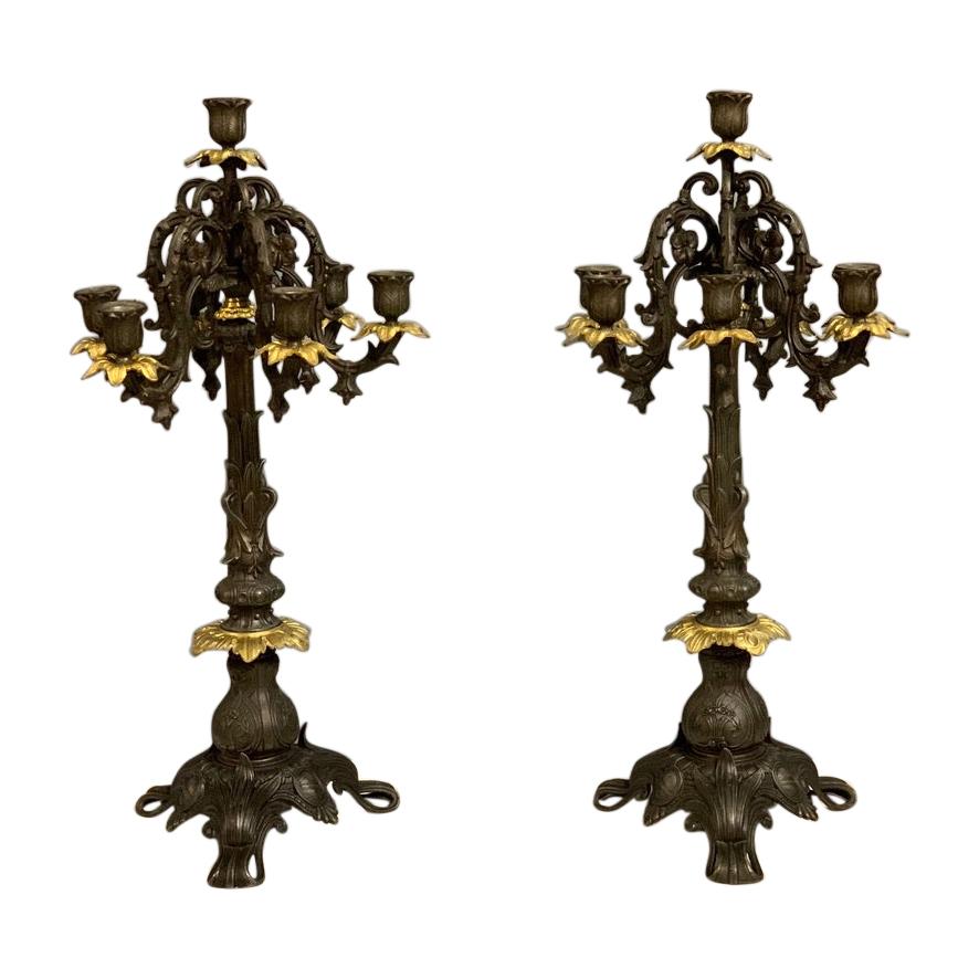Pair of Art Nouveau of 6 Branch Bronze Effect and Gilt Brass Candelabras