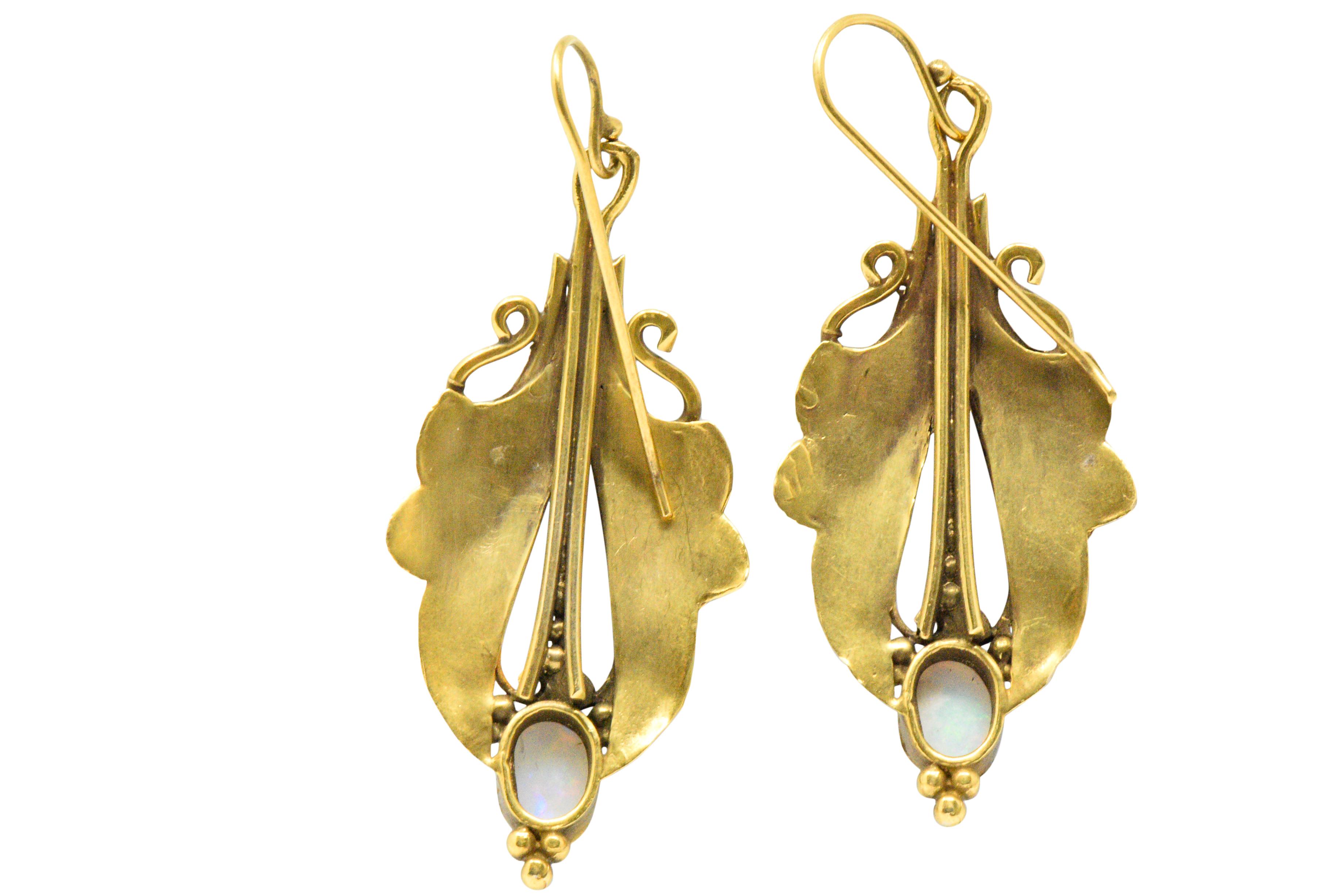 Pair of Art Nouveau Opal and 14 Karat Yellow Gold Drop Earrings In Good Condition In Philadelphia, PA
