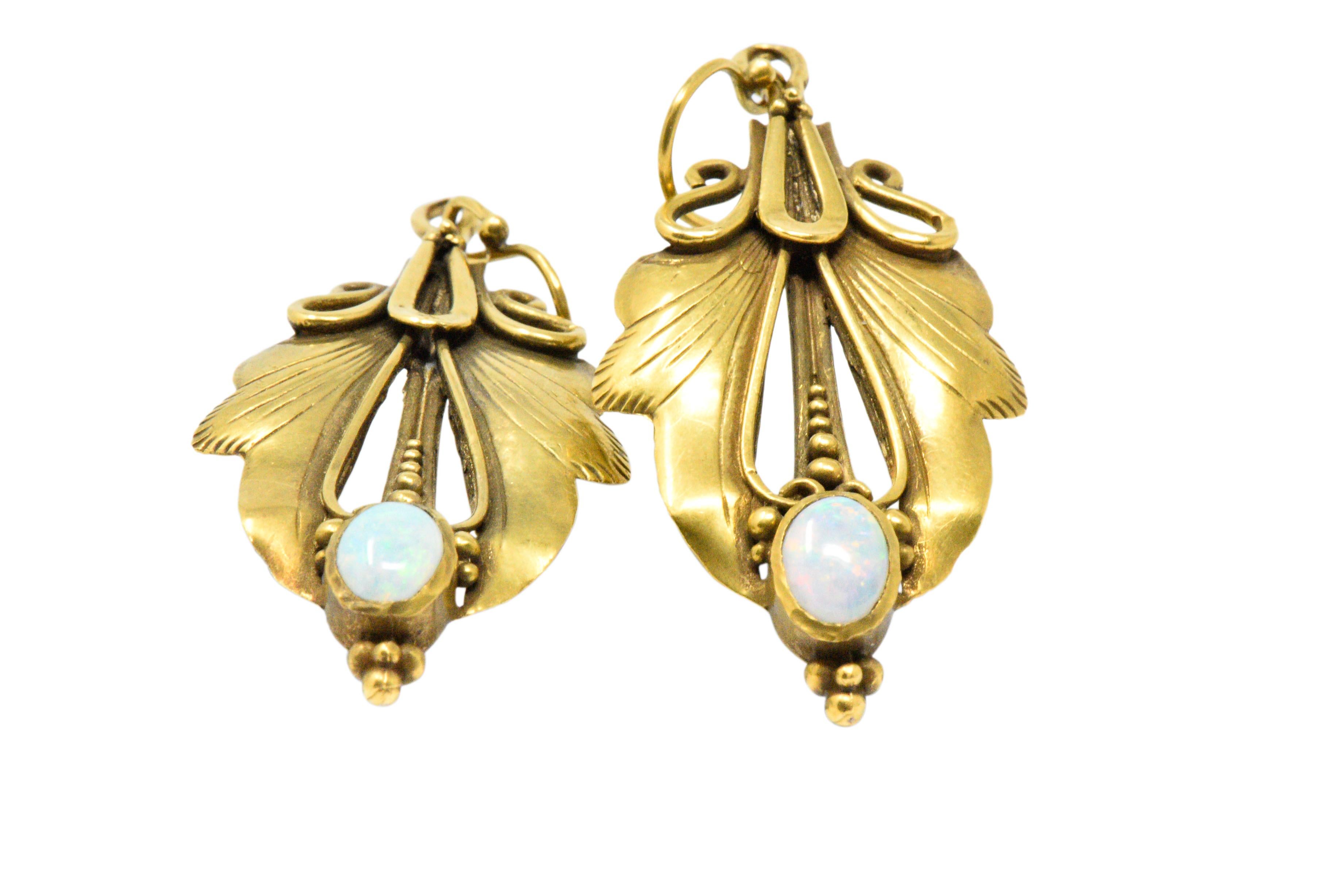 Women's or Men's Pair of Art Nouveau Opal and 14 Karat Yellow Gold Drop Earrings