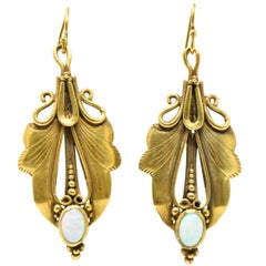 Pair of Art Nouveau Opal and 14 Karat Yellow Gold Drop Earrings