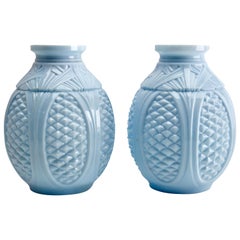 Pair of Art Nouveau Opaline Glass Vases in Baby Blue, Portieux, France