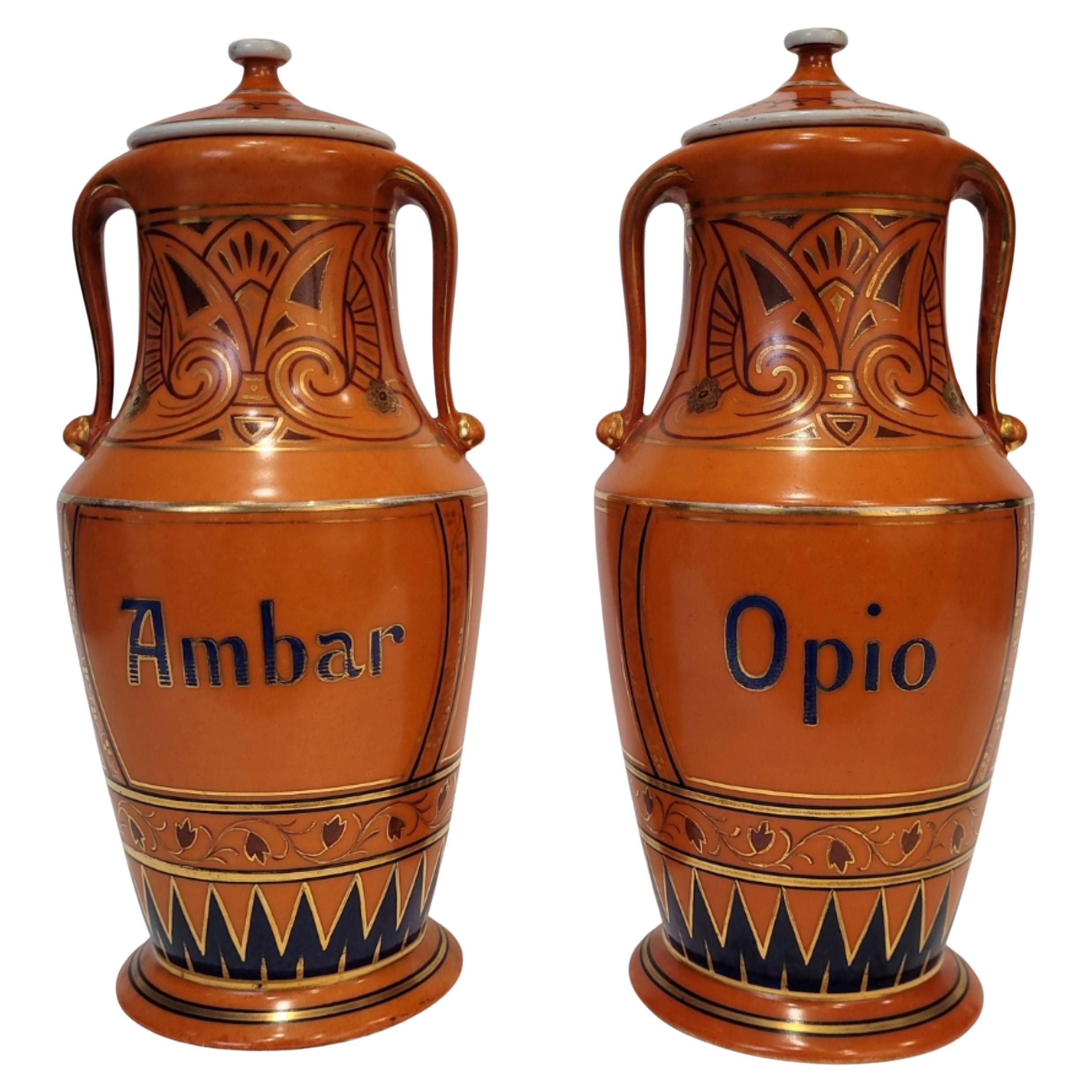 Pareja de tarros de boticario Art Nouveau de color naranja, porcelana pintada a mano en venta