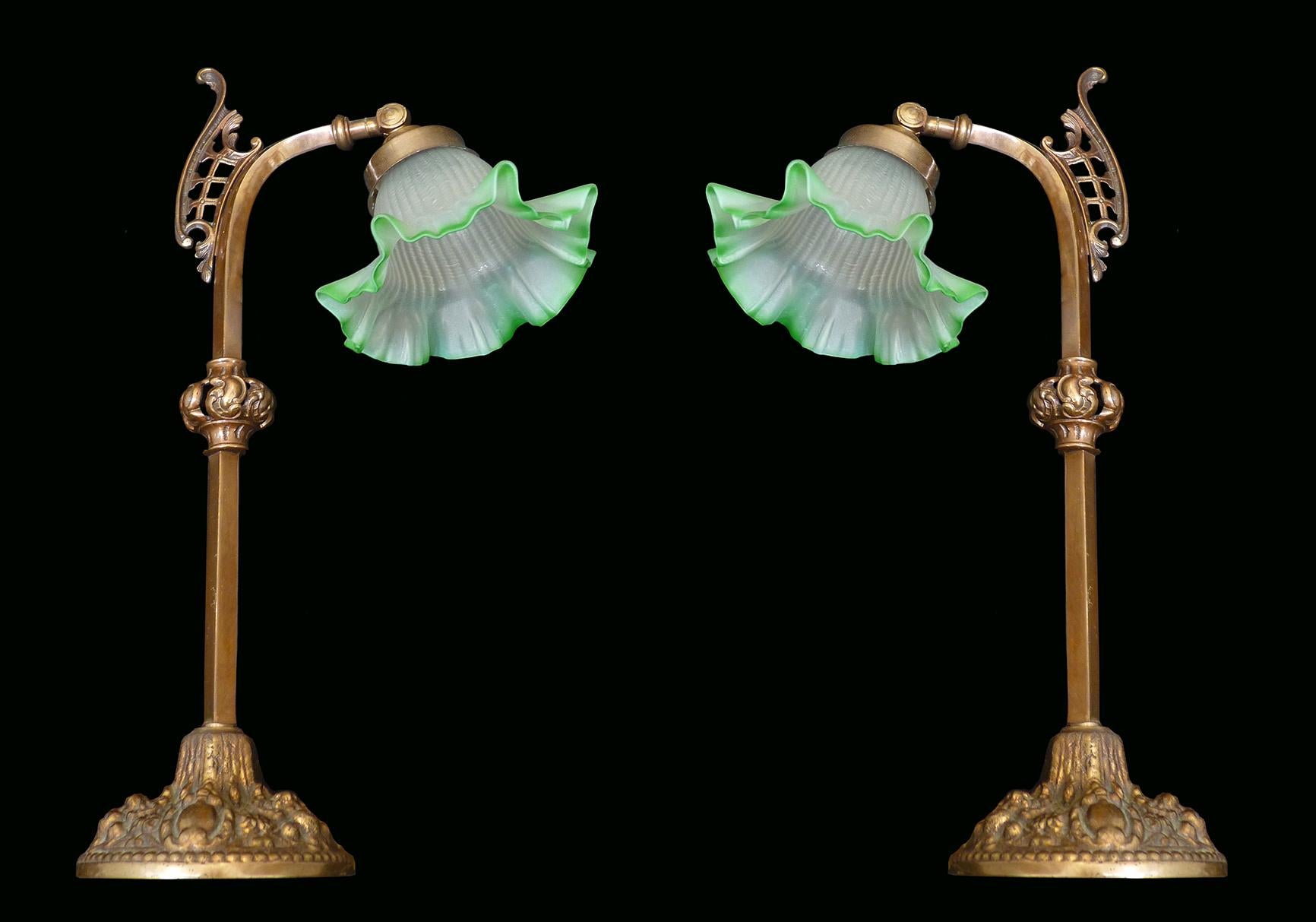 Pair of antique ornate French Art Nouveau/deco frosted satin art glass flower lamp shade Table lamps
Measures:
Diameter 7.1 in/ 18 cm
Height 18,9 in / 48 cm
Weight: 3.5Kg / 8 lb
Age patina
2-light bulbs E14 good working condition/European