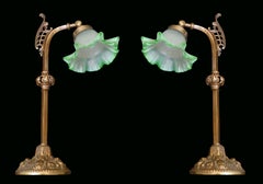 Pair of Art Nouveau Ornate Bronze, Green Art Glass Flower Swing Arms Table Lamps