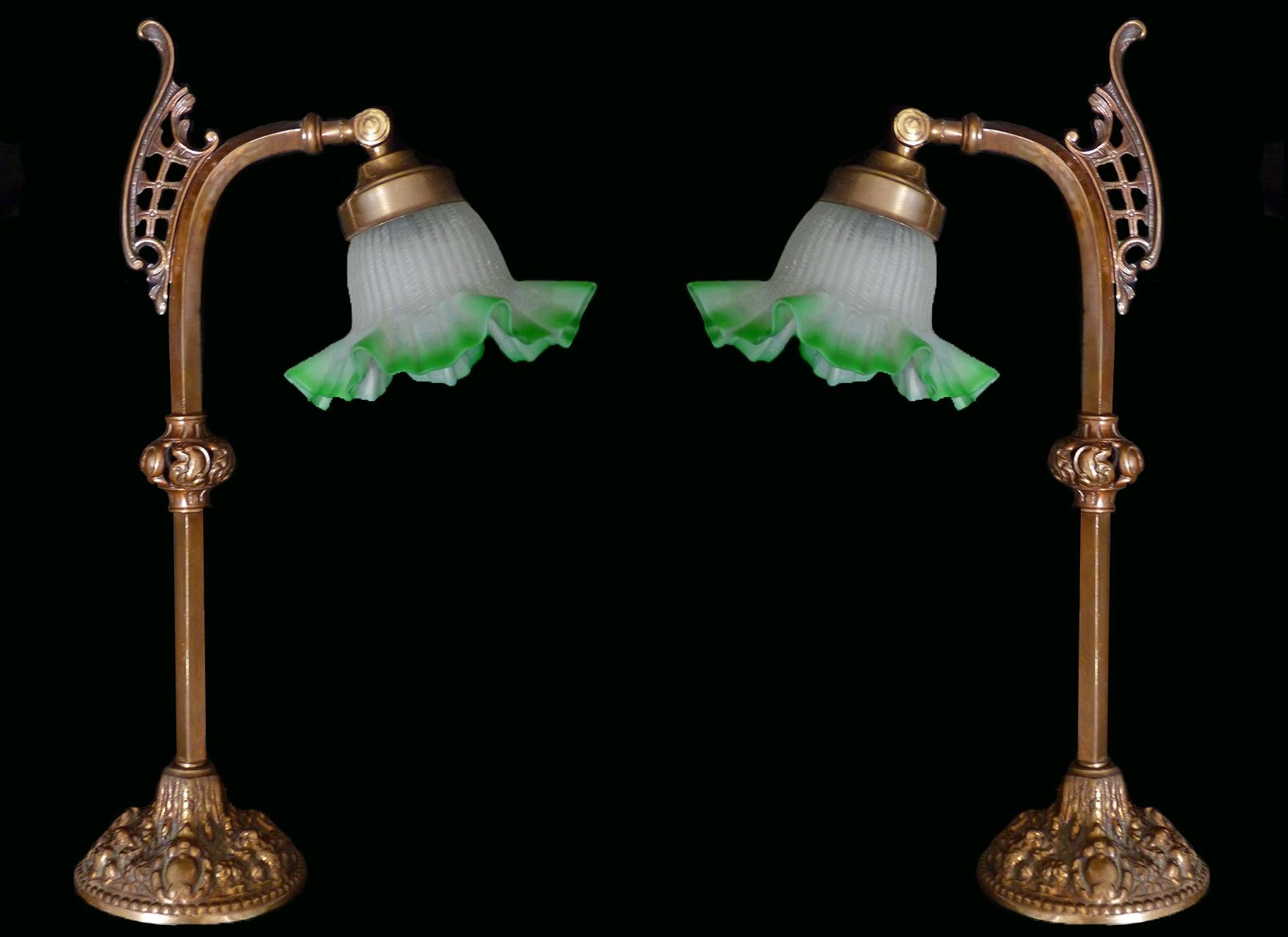 Art Deco Pair of Art Nouveau Ornate Bronze, Green Art Glass Flower Swing Arms Table Lamps
