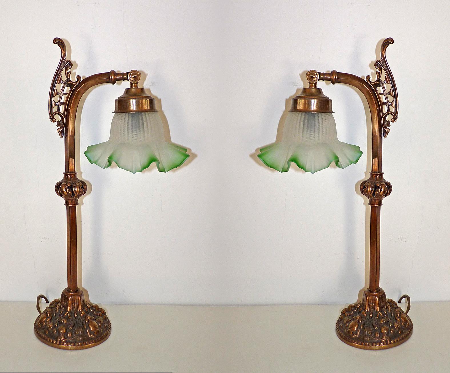French Pair of Art Nouveau Ornate Bronze, Green Art Glass Flower Swing Arms Table Lamps