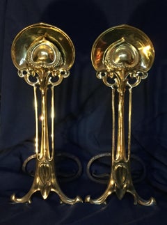 Pair of Art Nouveau Period Brass and Iron Fire Dogs or Andirons