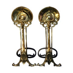 Pair of Art Nouveau Period Brass and Iron Fire Dogs or Andirons Pair of Art Nouveau Period Brass and Iron Fire Dogs or Andirons