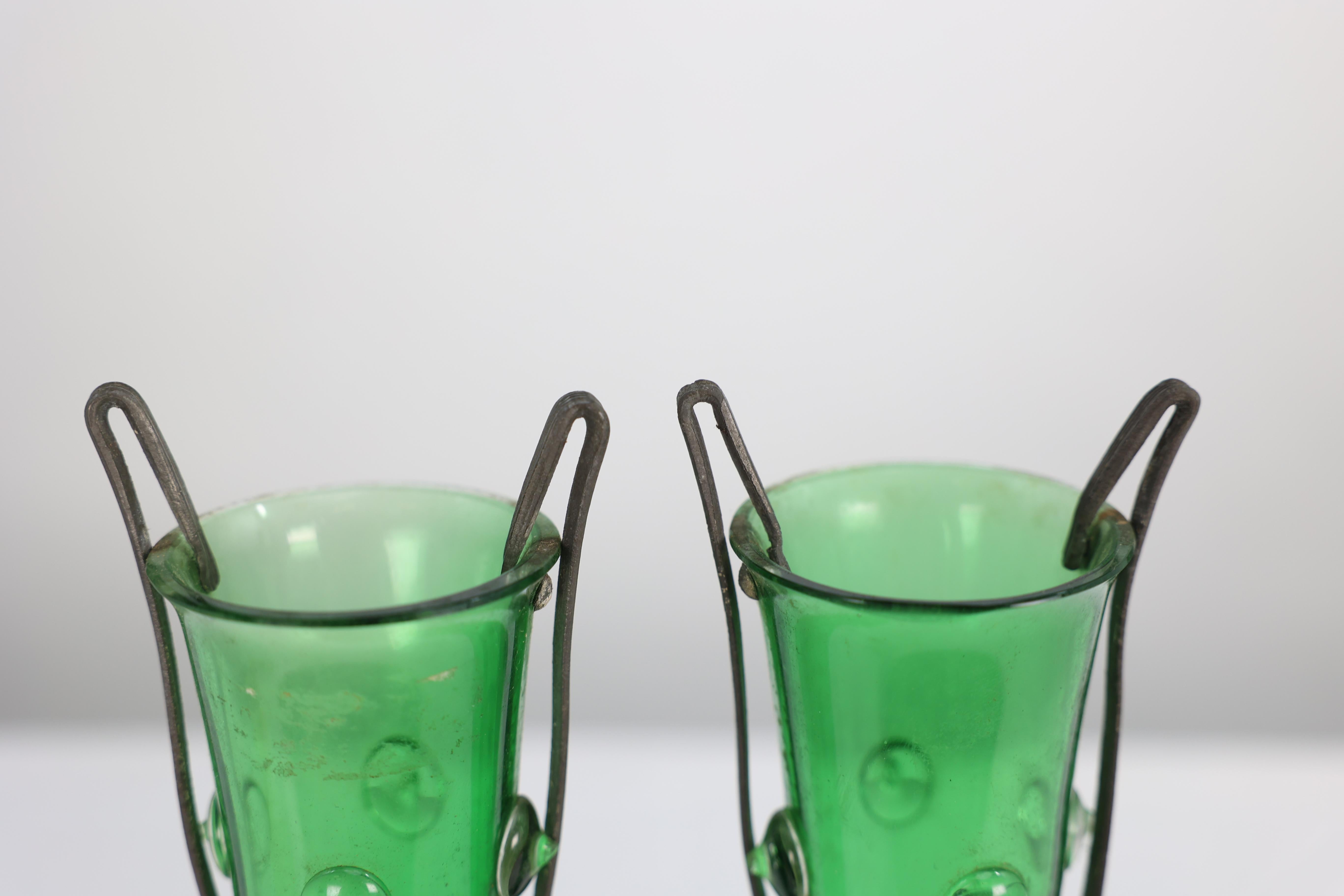 Osiris Pewter. A Pair of Art Nouveau Pewter and Green Glass Twin-Handled Vases For Sale 2