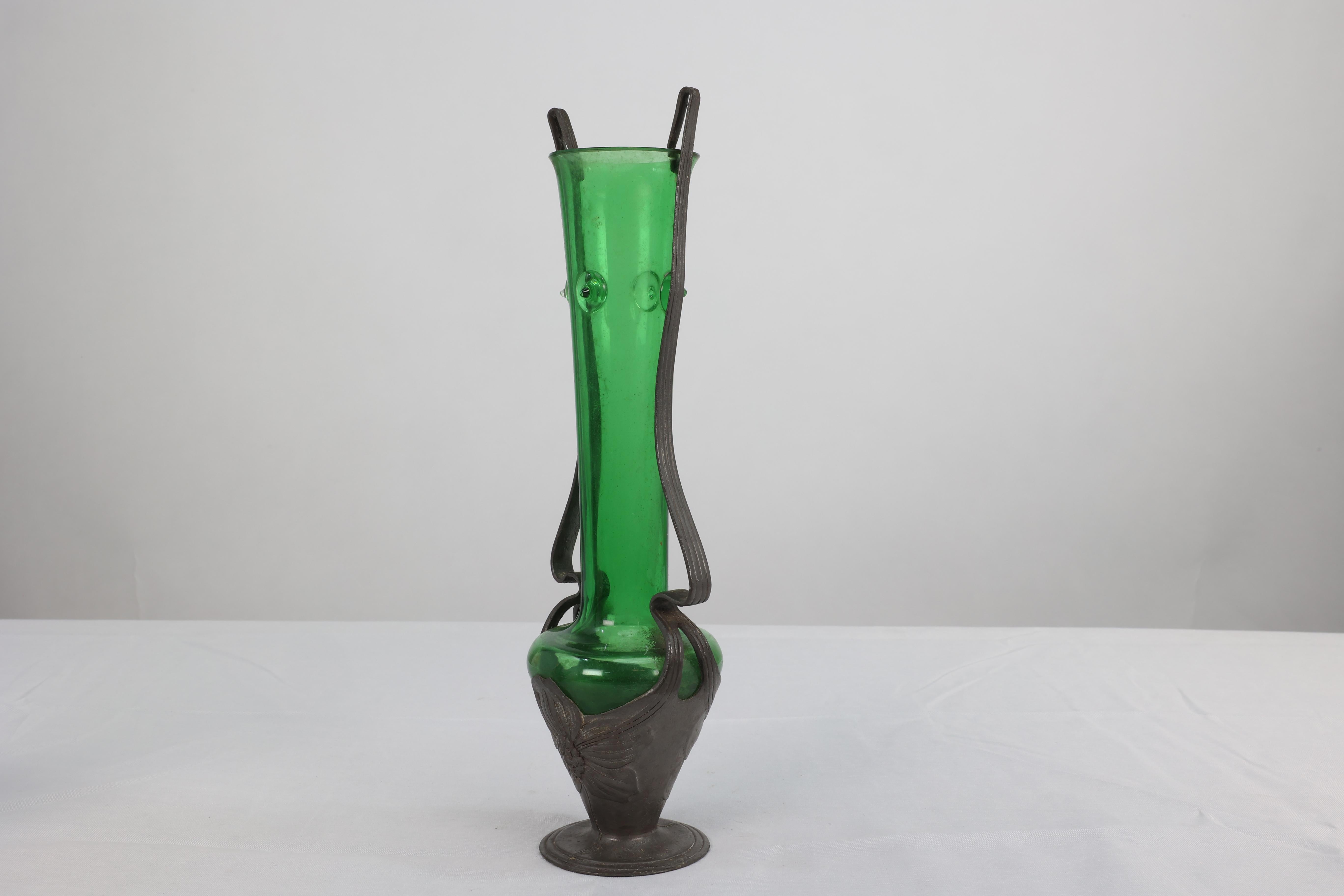 20th Century Osiris Pewter. A Pair of Art Nouveau Pewter and Green Glass Twin-Handled Vases For Sale