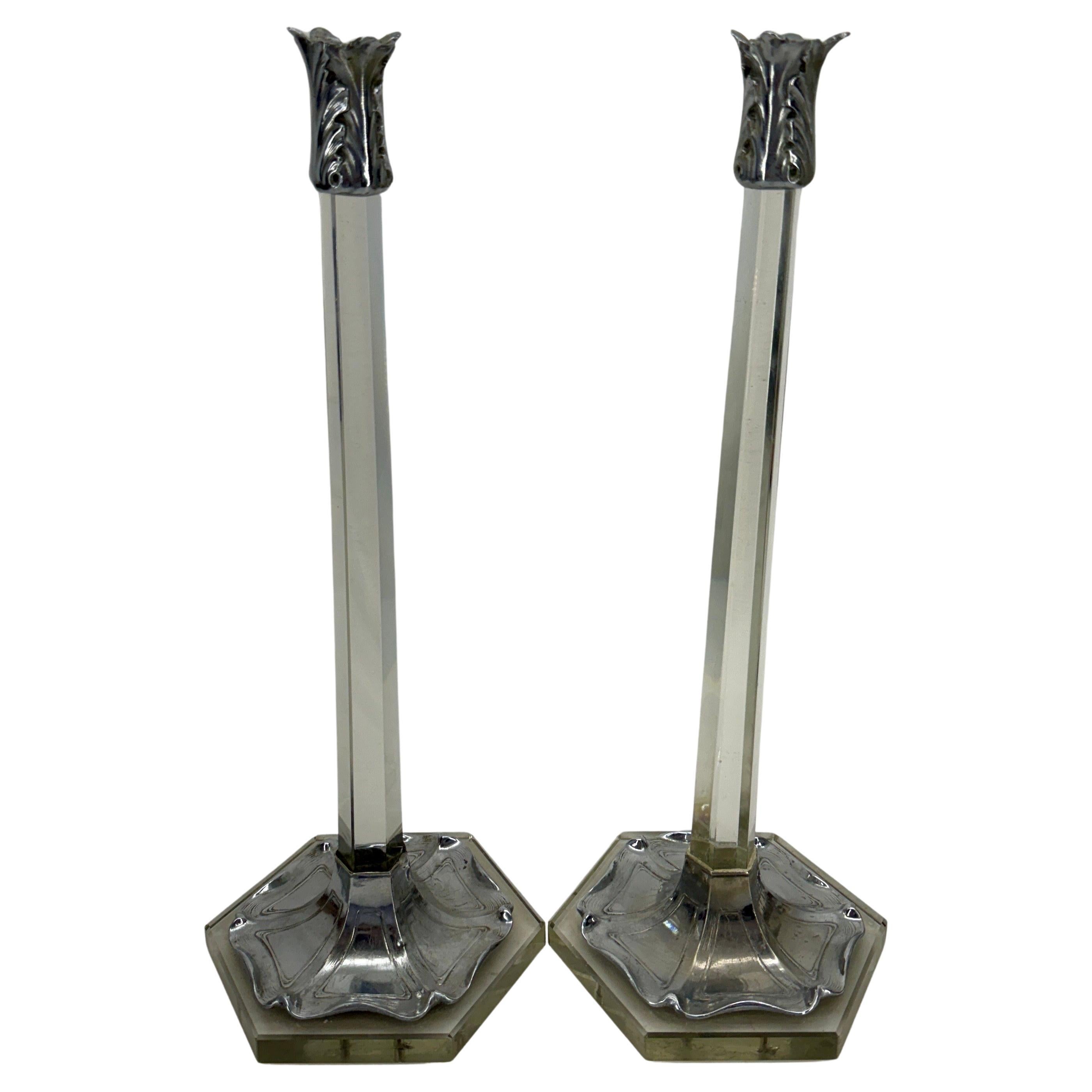 Pair of Art Nouveau Reconstructed Glass Candlesticks Tiffany Style