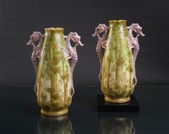 Pair of Art Nouveau Seahorse Vases by RStK Amphora
