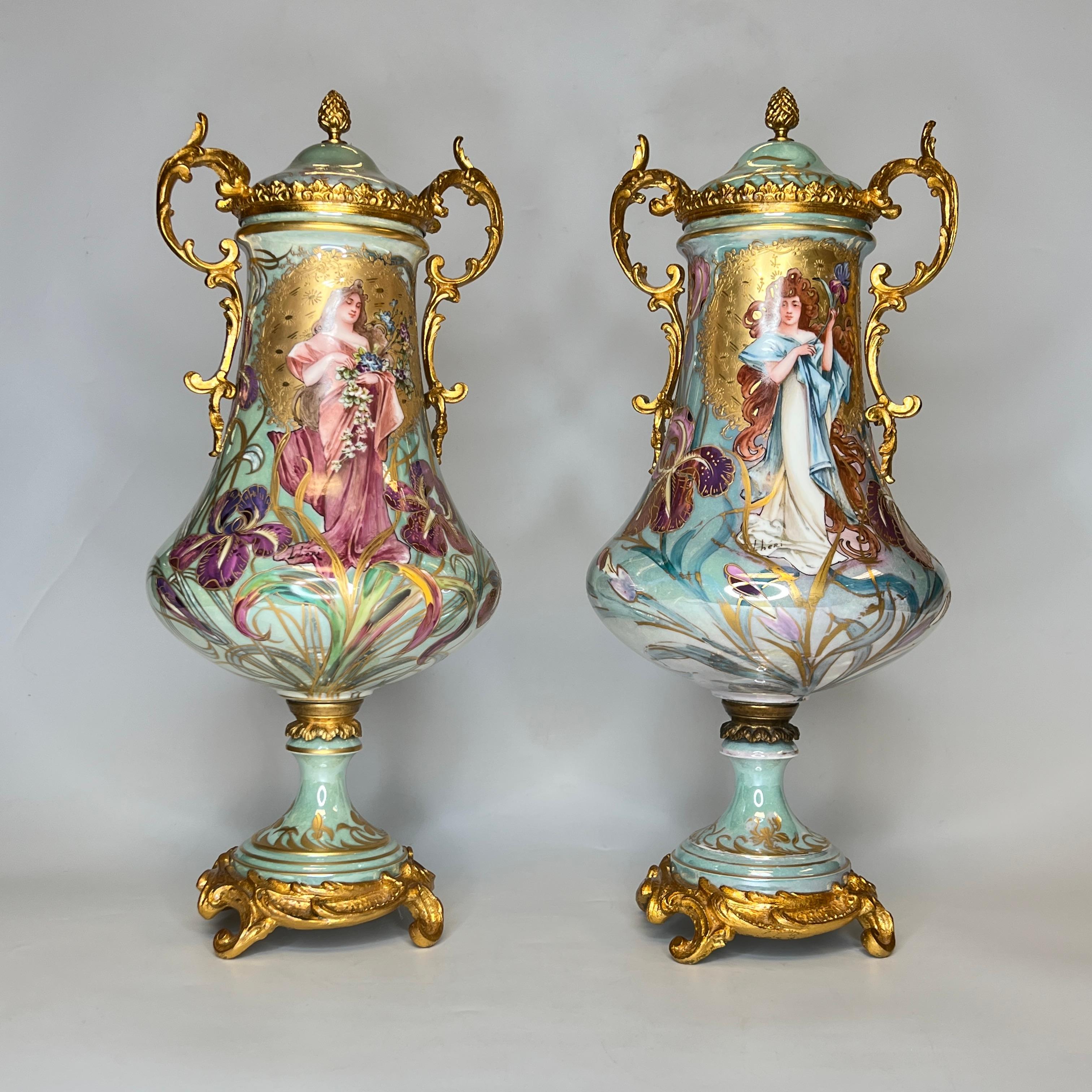 Pair of Art Nouveau Sevres Style Iridescent Porcelain Vases and Covers by Lheri For Sale 10