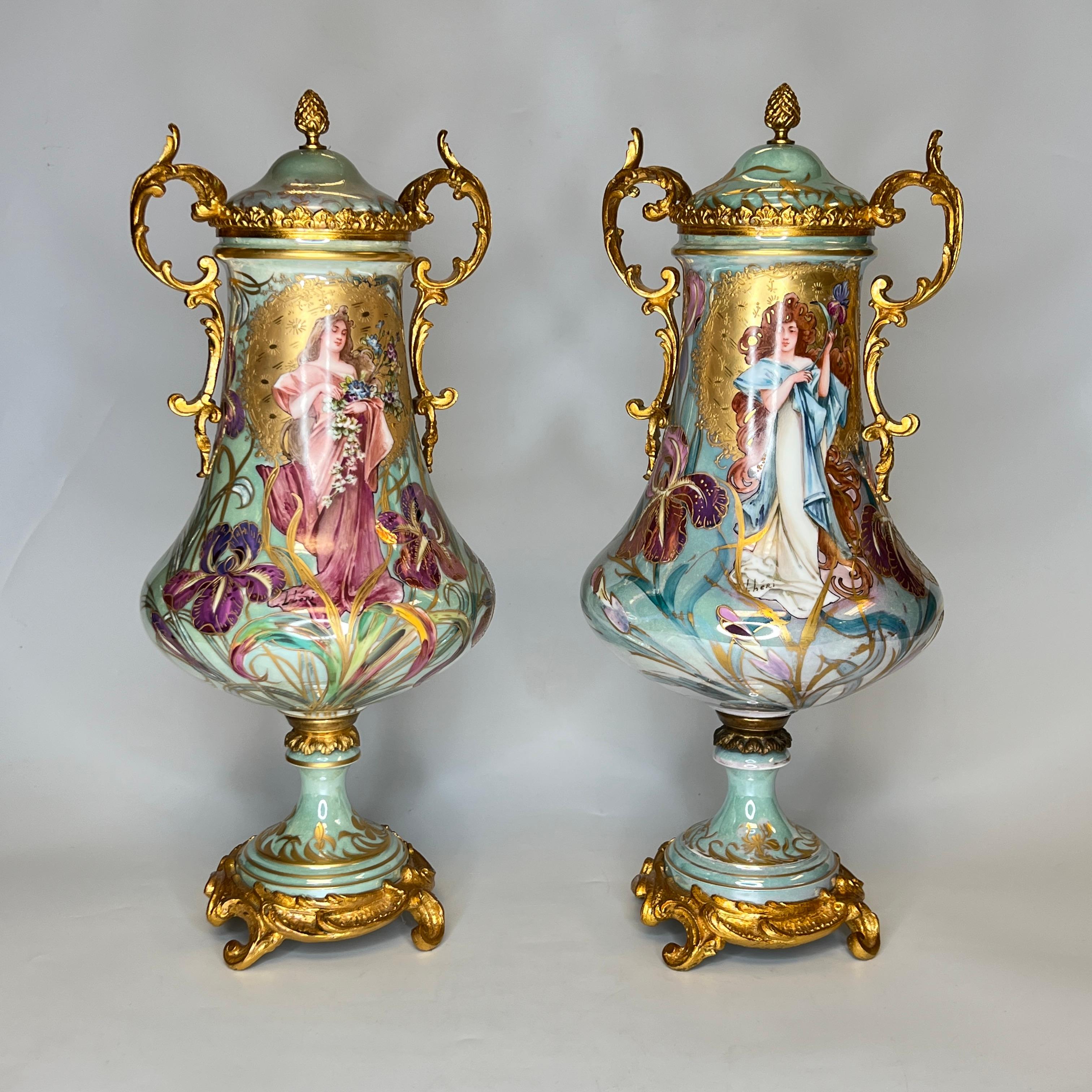 Pair of Art Nouveau Sevres Style Iridescent Porcelain Vases and Covers by Lheri For Sale 11