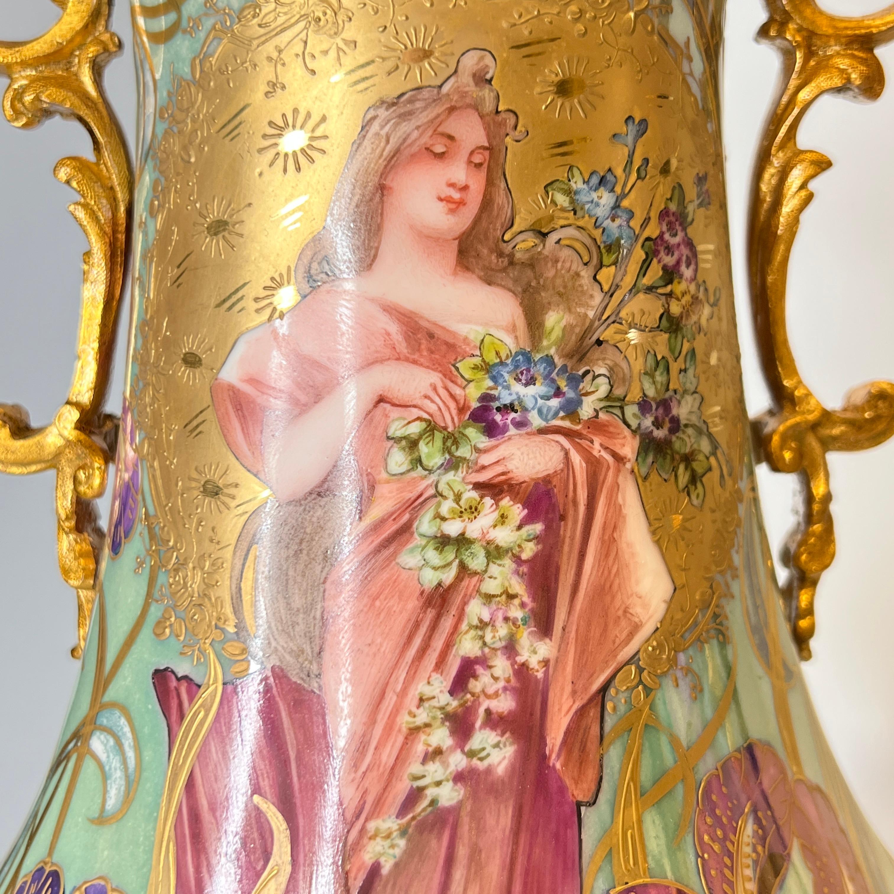 Gilt Pair of Art Nouveau Sevres Style Iridescent Porcelain Vases and Covers by Lheri For Sale