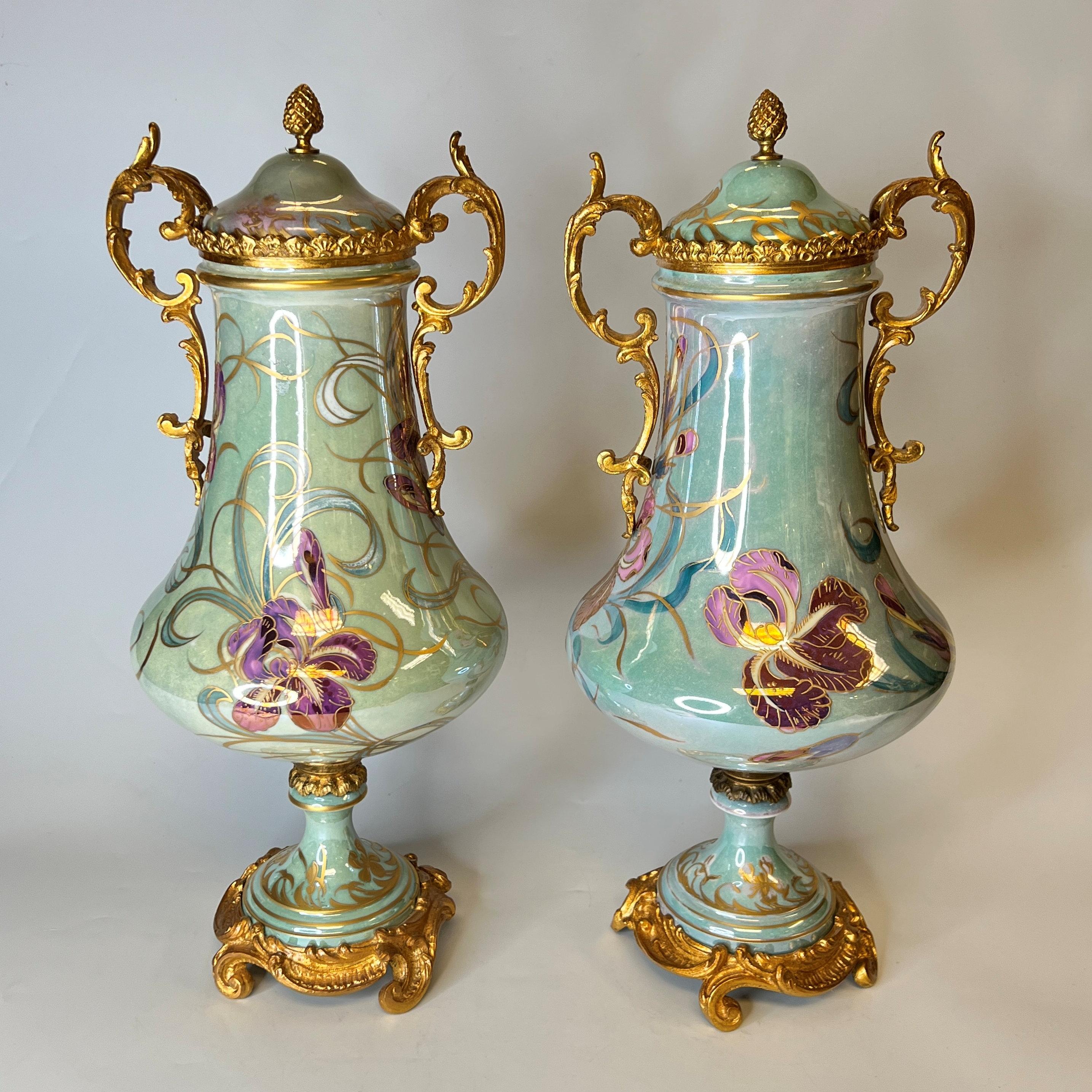 Pair of Art Nouveau Sevres Style Iridescent Porcelain Vases and Covers by Lheri For Sale 2