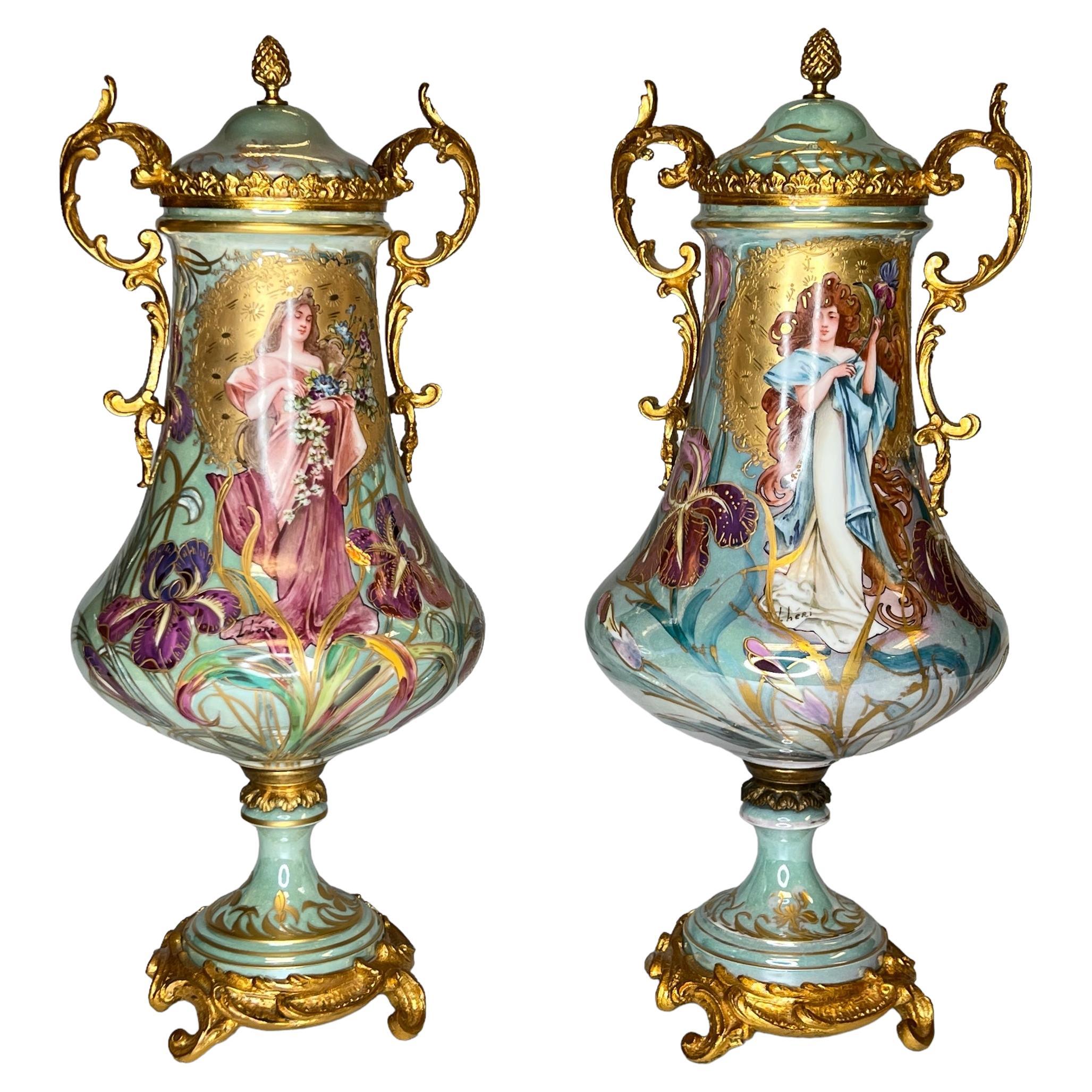 Pair of Art Nouveau Sevres Style Iridescent Porcelain Vases and Covers by Lheri
