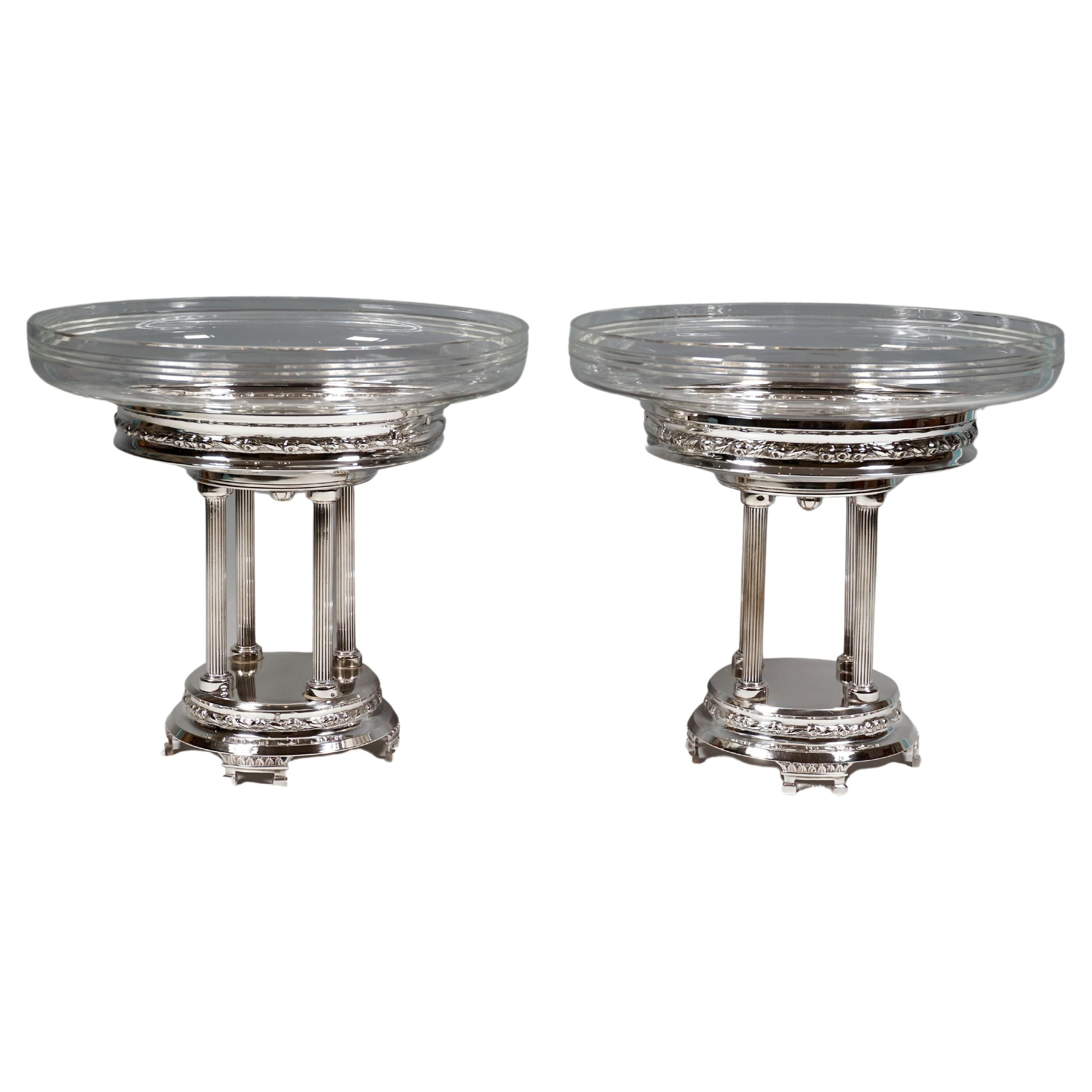 Pair Of Art Nouveau Silver Centerpieces With Glass Bowls, Vienna, Circa 1900 For Sale
