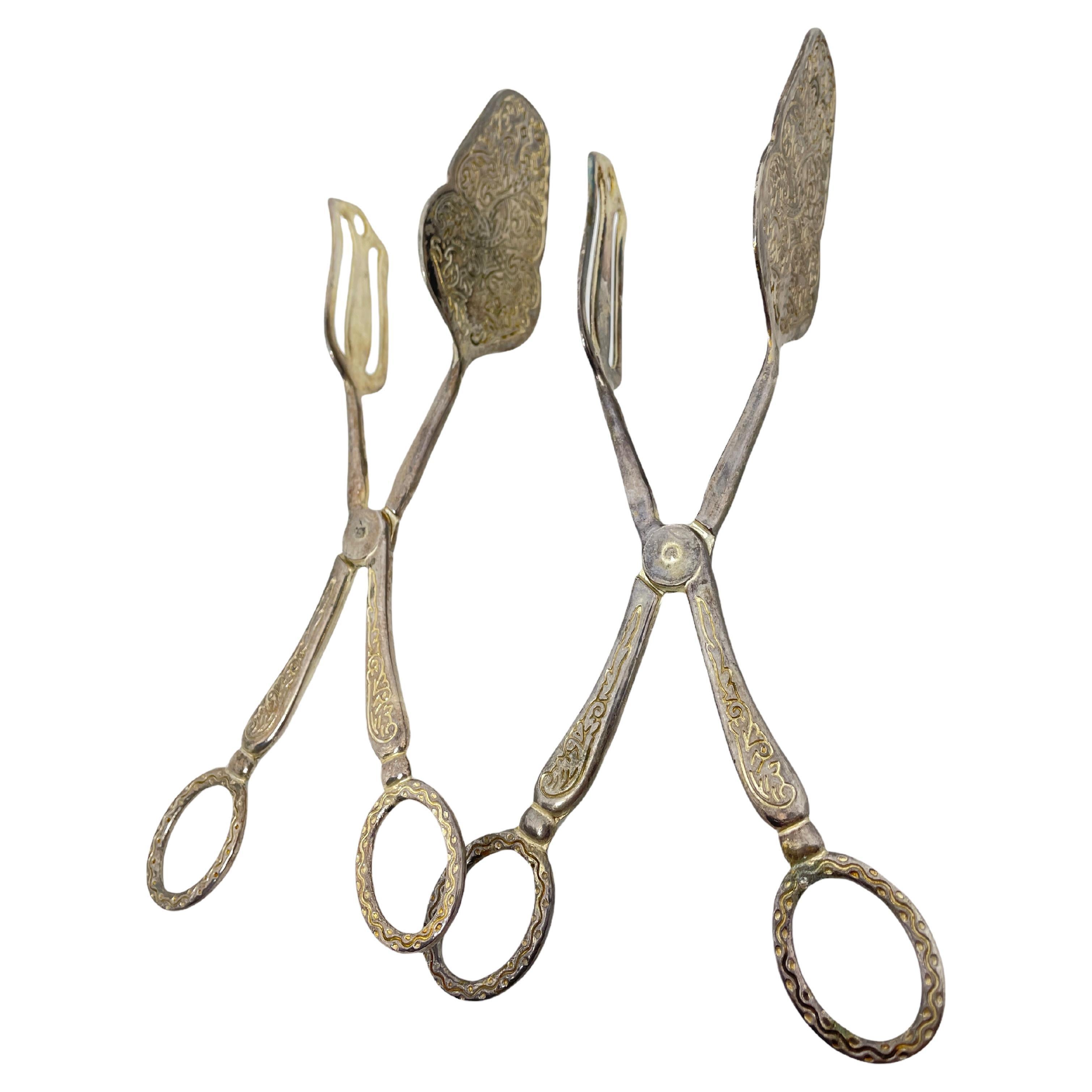 Pair of Art Nouveau Silver Plate Serving Tongs for Cake or Pastry, Sweden, 1920s