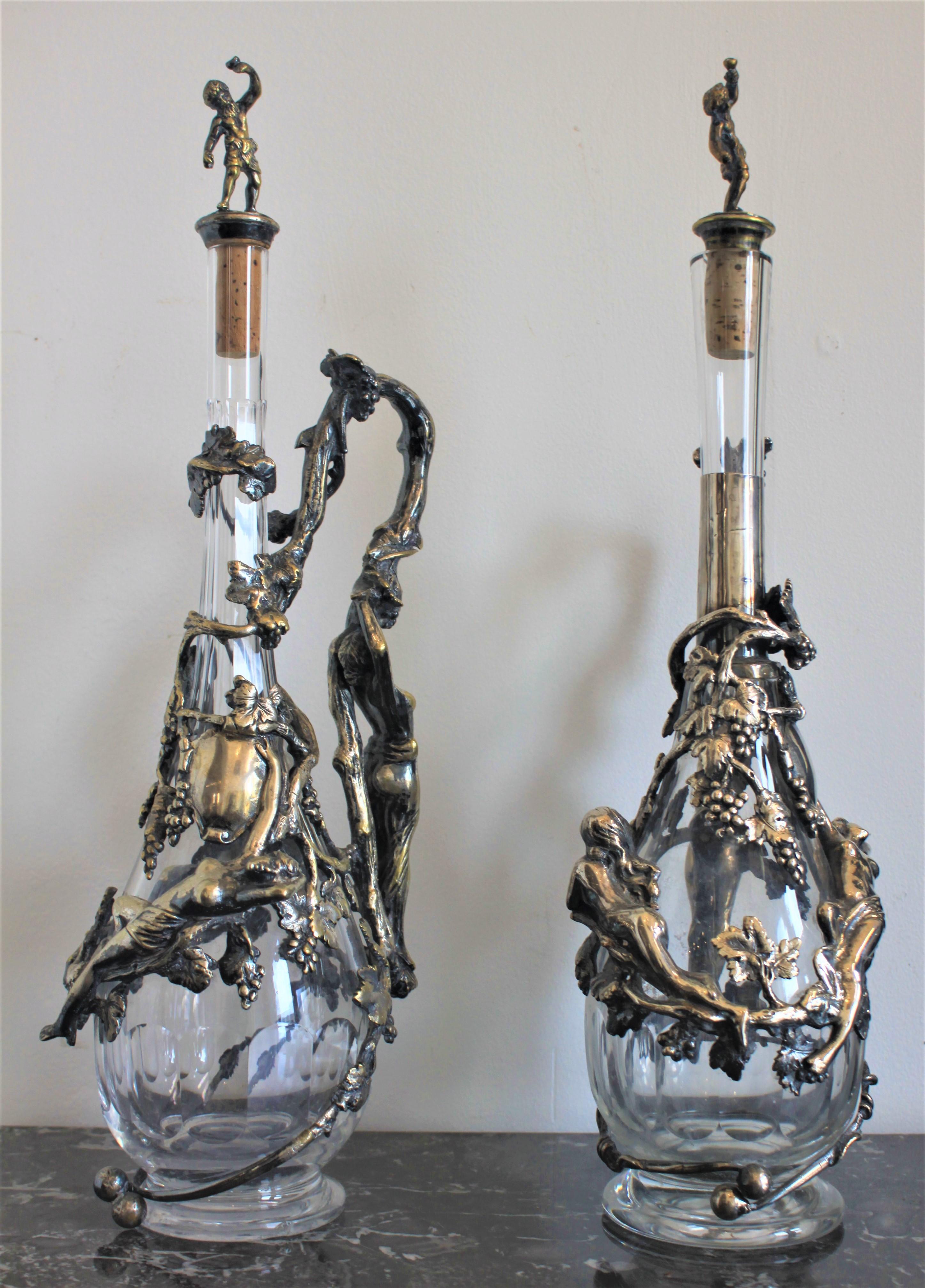 Austrian Pair of Art Nouveau Silver Plated Decanters with Nude Female & Vine Decoration For Sale
