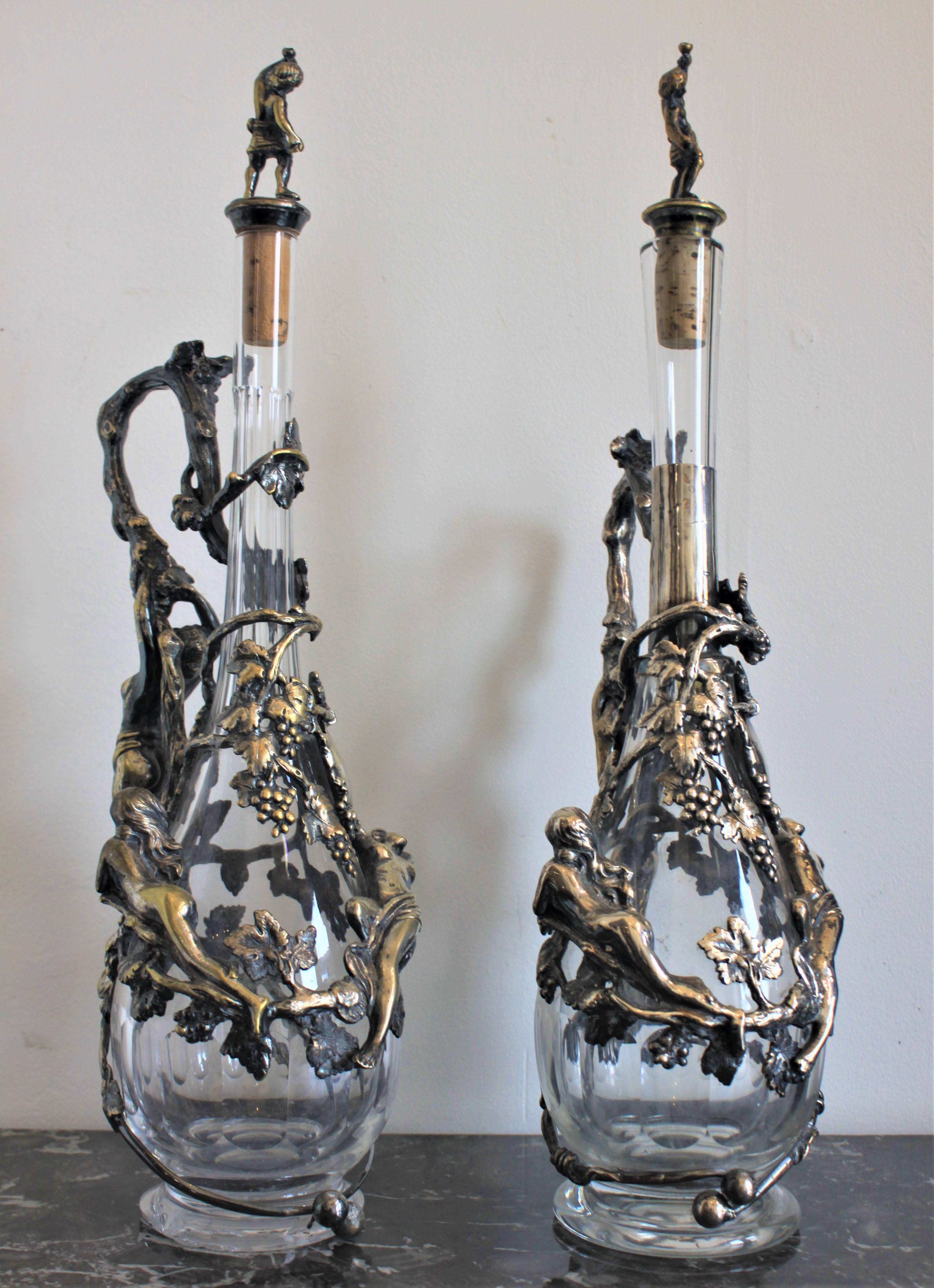 Hand-Crafted Pair of Art Nouveau Silver Plated Decanters with Nude Female & Vine Decoration For Sale
