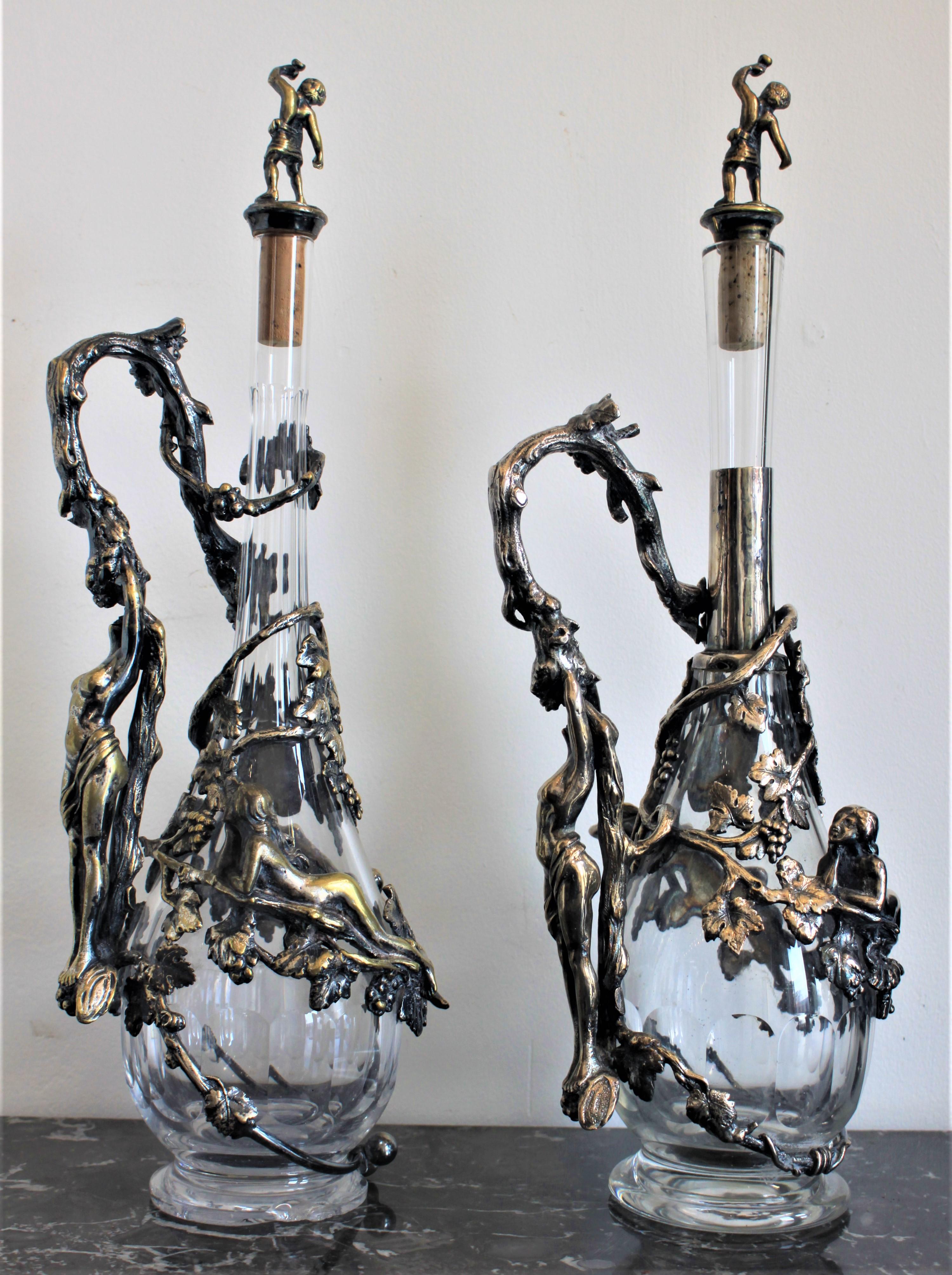 Pair of Art Nouveau Silver Plated Decanters with Nude Female & Vine Decoration In Fair Condition For Sale In Hamilton, Ontario