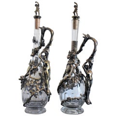 Antique Pair of Art Nouveau Silver Plated Decanters with Nude Female & Vine Decoration