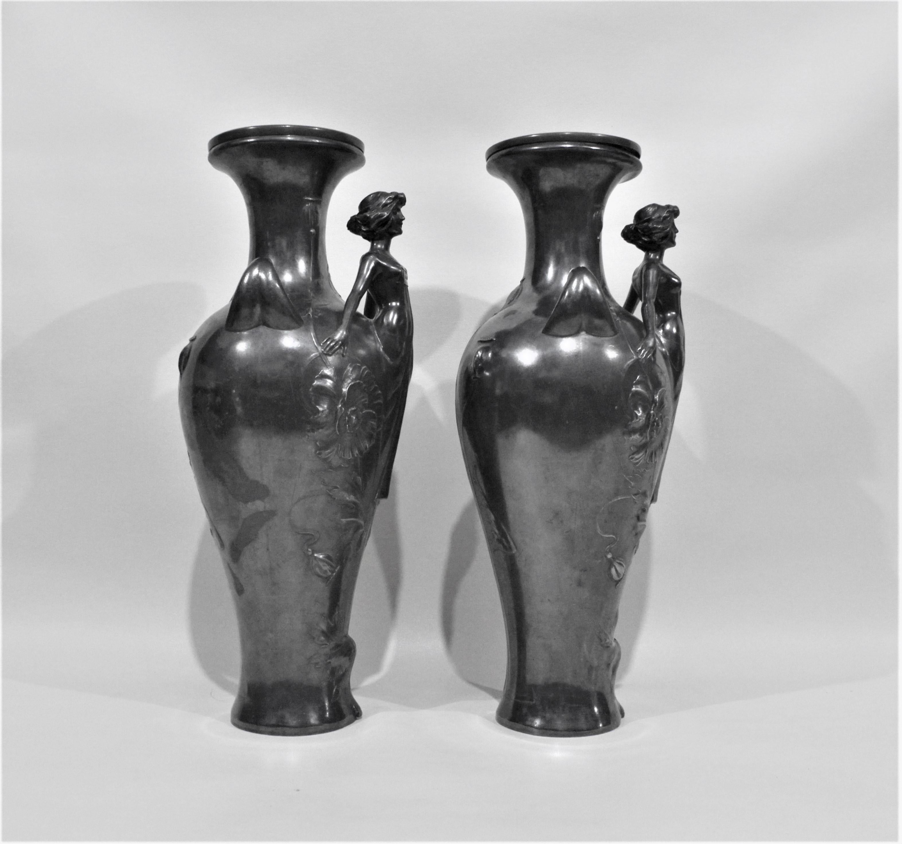 Pair of Art Nouveau Silver Plated Vases with Stylized Female Figures For Sale 3